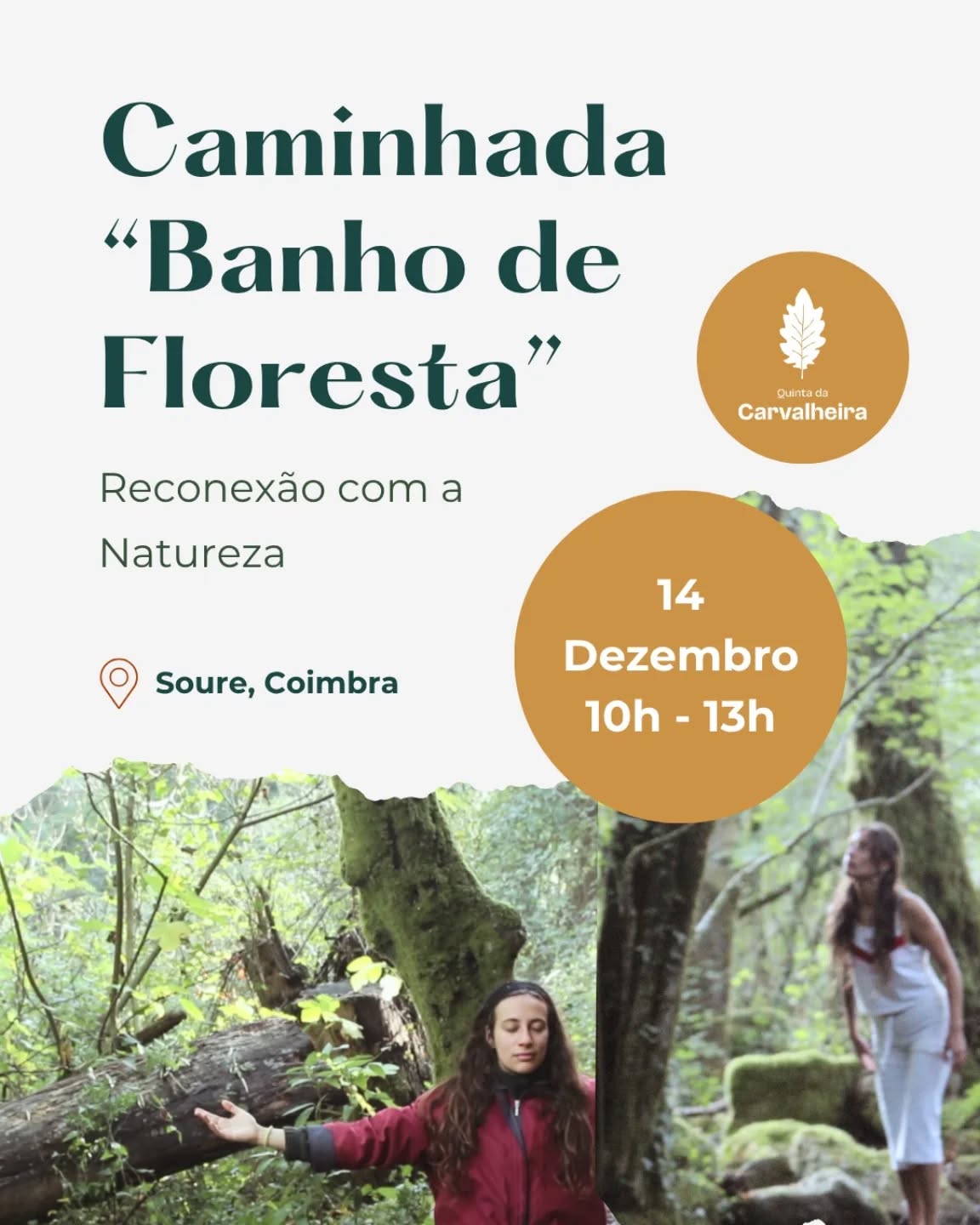🌿 Caminhada "Banho de Floresta" com Andreia Na Terra
Vem abrandar, respirar e sentir a floresta de forma consciente.
Durante 2h30 vamos caminhar, alongar, despertar os sentidos, meditar e refletir em conjunto. Sempre num ambiente seguro e acolhedor (máx. 10 pessoas).
🧭 Práticas incluídas:
• Caminhada na natureza
• Meditação & alongamentos
• Exercícios de atenção plena (mindfulness)
• Caminhada sensorial a pares
• Momento de reflexão
💚 Valor Consciente (três escalões de acordo com as possibilidades de cada um): 15€ / 20€ / 25€
📒 O que trazer: roupa confortável, caderno e caneta
Uma experiência para voltar ao corpo, à presença e ao silêncio da floresta.
✨ Inscrições abertas através do link na bio!
#caminhadananatureza #reconexao #mindfulness #banhodefloresta #natureza