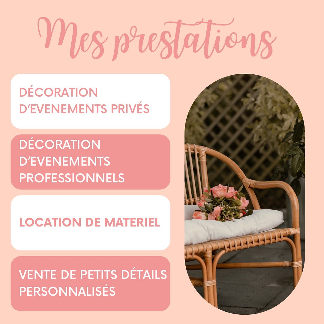Les prestations de JALMA’Event
Parce que chaque détail compte, je suis à tes côtés pour sublimer ton événement ✨
🎈 DÉCORATION D’ÉVÉNEMENTS PRIVÉS :
Mariage, anniversaire, gender reveal, baby shower, naissance, baptême …
Ensemble, imaginons un décor personnalisé pour raconter ton Histoire avec émotion
💻 DÉCORATION ÉVÉNEMENT PROFESSIONNEL :
Séminaire, Team Building, lancement de produit, inauguration, décor de noël, conférence, congrès, salon, exposition, centre commerciaux …
Mettons votre marque en valeur grâce à un décor élégant et immersif.
🪩 LOCATION DE MATÉRIEL :
Sur mon site Internet tu trouveras un large choix de décoration. Tu as des envies et tu ne trouves pas ton bonheur ? Aucun souci,
nous en échangeons et je trouvais la perle rare !
Et pour rendre ton moment exceptionnel : chaque élément de décoration est entièrement personnalisable.
🎁 VENTE DE PETITS DÉTAILS PERSONNALISÉS :
Tu souhaites offrir un petit cadeau à tes invités ou garder un souvenir de ce jour si important ?
Je te propose de personnaliser des petits éléments de décoration : bouteilles personnalisées, petits pots de miel, cintre souvenir, lunettes cœur, ronde des rubans, coupes de champagne personnalisées …
Tout est possible alors n’hésite pas à me parler de tes envie.
JALMA’Event, à vos côtés pour sublimer vos moments précieux ✨