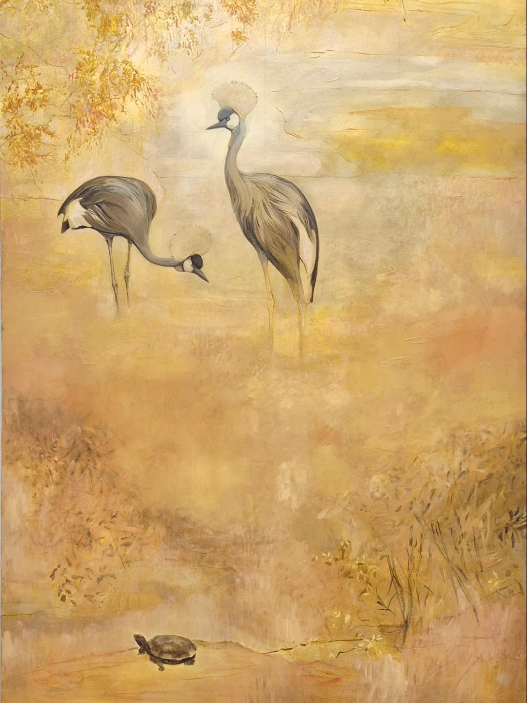 Working on a huge canvas, Crown Birds & Terrapin, 53x78", Oil on Canvas. Colour drenching in warm yellow, peach and pinks. See what's in the studio gallery at www.amysl.com #bigcanvas #coloursofnature #artlover #colourpop #artgallery