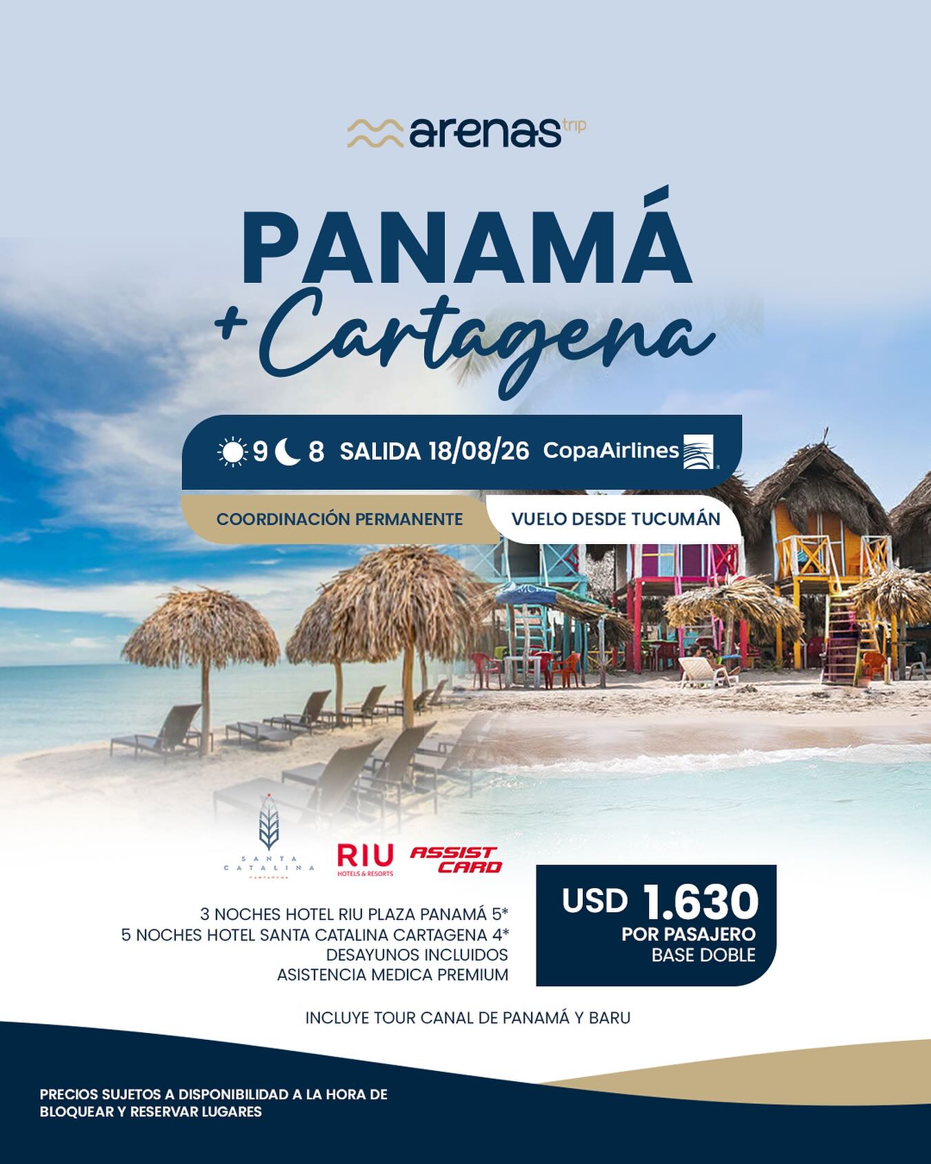 🌞 ¡Vacaciones 2026 en PANAMÁ + CARTAGENA! 🏝
📍 Salida: 18 de Agosto 2026
✈️ Vuelo desde Tucumán con Copa Airlines
💫 9 días / 8 noches de playa, historia y relax 🌅
✨ Incluye:
✅ 3 noches en Hotel RIU Plaza Panamá 5⭐
✅ Opción 1: 5 noches en Hotel Santa Catalina Cartagena 4⭐ (Ciudad Amurallada)
✅ Opción 2: 5 noches en Hotel Almirante 5 ⭐️ (Frente a la playa)
✅ Desayunos incluidos 🍽
✅ Asistencia médica premium – Assist Card 🩺
✅ Coordinación permanente durante todo el viaje 👥
🌴 Excursiones destacadas:
🚢 Canal de Panamá – una de las maravillas de la ingeniería moderna, imprescindible conocerlo en persona!
🚤 Barú - aguas turquesas, arena blanca y un ambiente caribeño inolvidable 🌊
💸 Precio final: USD 1.630 por pasajero (dólar billete) - en base doble
📌 Precios sujetos a disponibilidad al momento de bloquear y reservar lugares.
💬 ¡Ideal para quienes buscan combinar ciudad, playa y cultura en un solo viaje!
📣 ¡Cupos limitados! Reservá con anticipación y asegurá tu lugar 🧳
#panama #cartagena #viajes2026 #arenastrip #playasdelcaribe #turismo #vacaciones #copaairlines #riuhotels