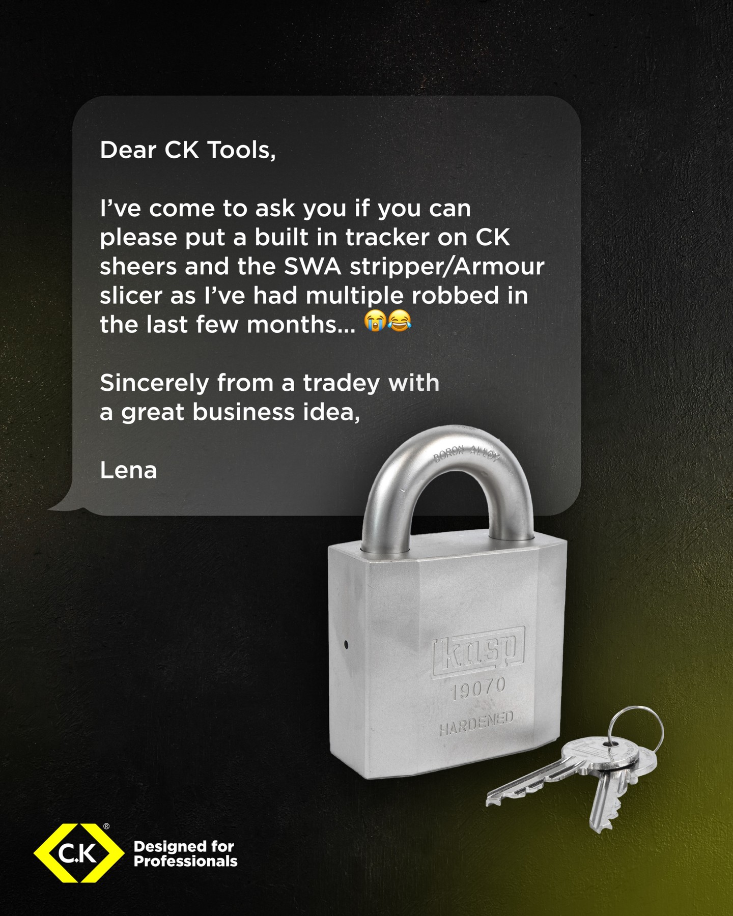 For anyone who’s ever said: "It’s gone again."
Just like Lena! She's been hit again, and we reckon it’s time to call in the big guns > Kasp 190 🫡
Protect your gear. Keep your graft safe 🔒
#KaspSecurity #CKTools #TheTribe