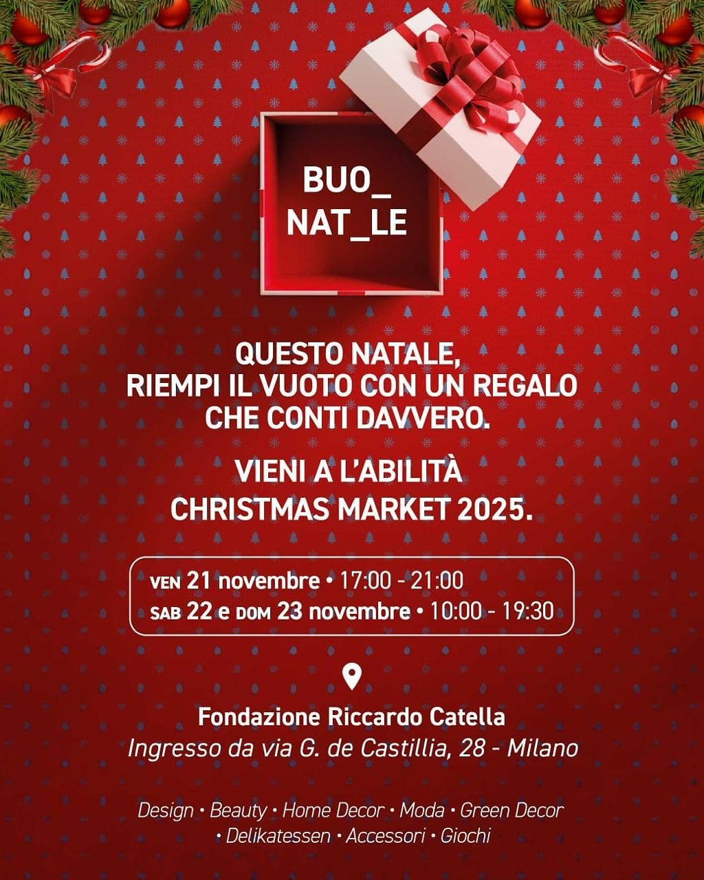 🎄L’abilità Christmas Market: regali unici, valore autentico
👉Da venerdì 21 a domenica 23 novembre presso la Fondazione Riccardo Catella nel cuore di Milano, il Natale si accende di solidarietà con @l_abilita
Un’occasione unica per vivere l’atmosfera delle feste dove ogni acquisto sostiene inclusione e cura.
🎁Tra artigianato di qualità, idee regalo solidali, laboratori creativi, giochi, momenti di incontro, potrai scoprire il calore di una comunità che si unisce per fare del bene.
♥️Ogni dono contribuirà a garantire l’accesso gratuito ai servizi specialistici di L’abilità per 25 bambini e famiglie in difficoltà economica.
📍Via G. de Castillia 28 - Milano
⏰ven 21 - h17.00/21.00
sab 22 e dom 23 - h10.00/19.30
Vi aspetto con i miei nuovissimi Maxifoulard, frutto di creatività e ricerca fotografica
stampata su seta e modal
#milano #maxifoulard
#madrincomo #madeinitaly #scarf #followers #accessories
