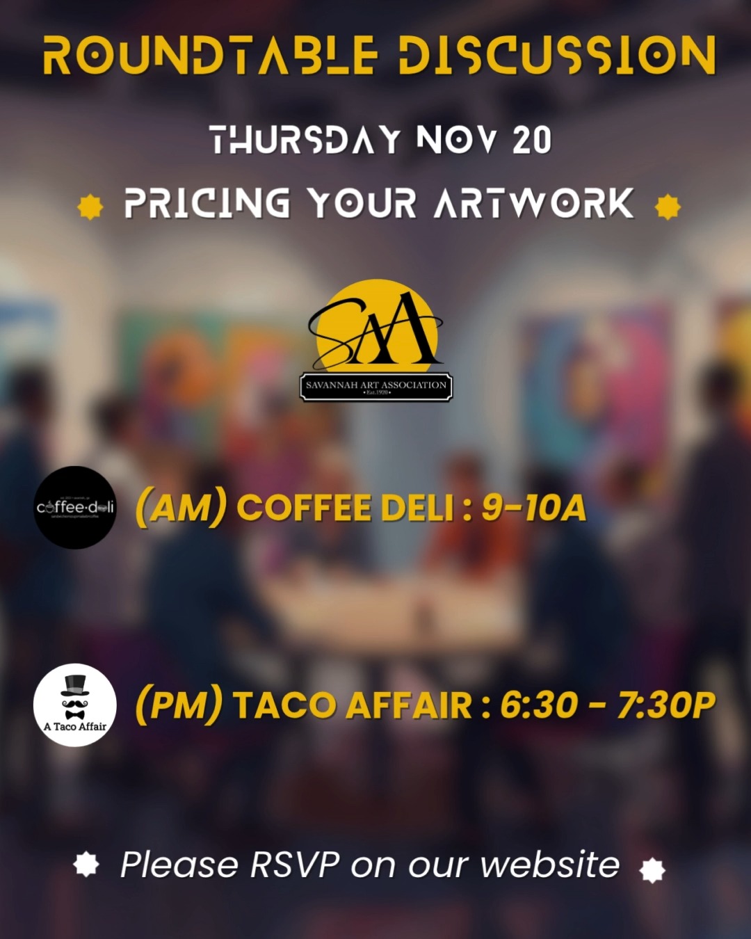 This month, join @elisealeman (in the am or the pm) for an engaging talk on pricing artwork. She'll talk about the practical formulas and strategies for confidently setting the price of your creative work. Don't miss out!
Please RSVP on our website, under Events.