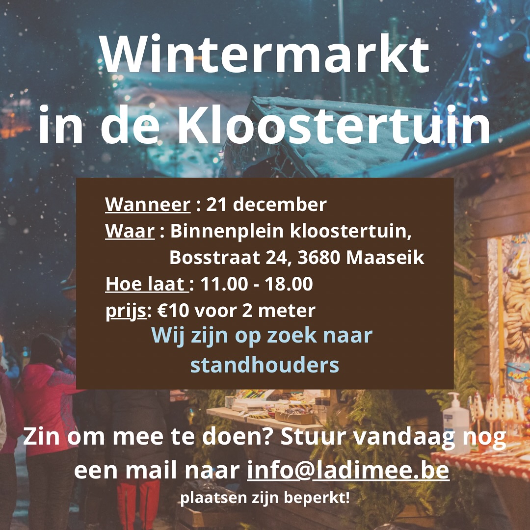 🎄✨ Standhouders gezocht! ✨🎄
Op 21 december organiseren we een gezellige kerstmarkt en… we hebben nog enkele standplaatsen vrij!
Ben jij creatief, verkoop je leuke producten of wil je jouw zaak extra in de kijker zetten in een sfeervolle kerstomgeving? Dan ben jij precies wie we zoeken!
📩 Interesse? Stuur ons een mailtje!
We bezorgen je graag alle details.
Let’s make it a magical Christmas together! ✨🎁
