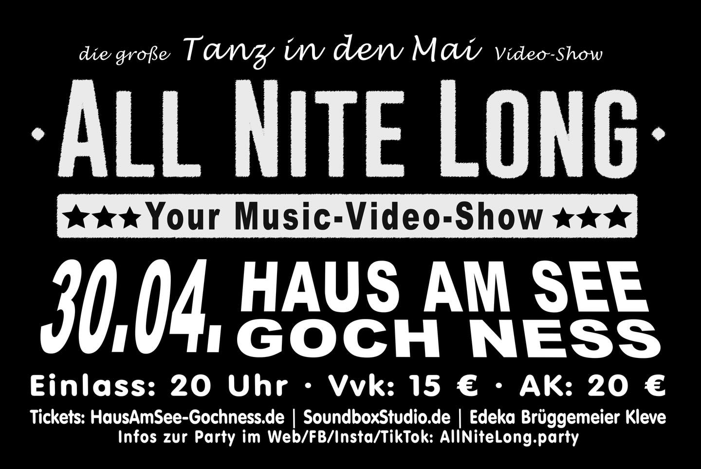 Am 30. April 2026 feiern wir den Tanz in den Mai eine unvergessliche Nacht voller Musik, Tanz und guter Laune. 🎉🌊
🎤 Musikvideo-Hits aus jeder Epoche:
Jede Stunde widmen wir uns einem anderen Jahrzehnt und bringen Euch die größten Hits und Musikvideos, die die Welt in diesen Jahren geprägt haben. 🌟
🎊 Dein Abend, Deine Party, Deine Reise durch die Jahrzehnte!
Egal, ob Du zu den Synth-Sounds der 80er abgehst oder die Hymnen der 2000er mitsingst – dieser Abend hat für jeden Musikfan etwas dabei!
🎟️ Tickets: www.hausamsee-gochness.de
#HausamSeeGochNess #Hochzeitslocation #AllNiteLong #MusicVideoShow