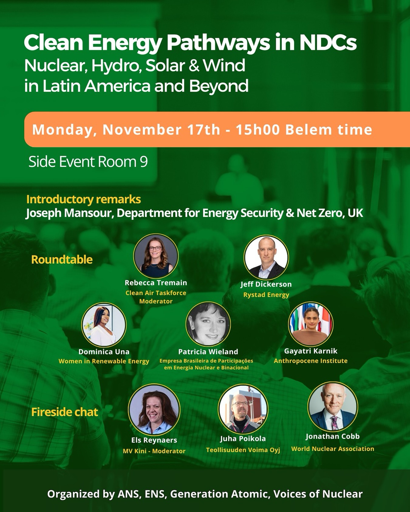 🌍 Nuclear for Climate at COP30 — Join us for a key UNFCCC side event!
📅 17 November 2025
🕒 15:00–16:30
📍 Side Event Room 9 – COP30, Belém
At COP30, Nuclear for Climate is proud to support a high-level conversation on how clean energy systems can accelerate climate ambition around the world.
Our side event, “Clean Energy Pathways in NDCs: Nuclear, Hydro, Solar & Wind in Latin America and Beyond”, will explore how countries are integrating nuclear alongside renewables to strengthen their Nationally Determined Contributions (NDCs), enhance energy security, and drive decarbonization.
✨ On the programme
🔹 Keynote
Joseph Mansour, Deputy Head of the International Energy Unit (UK)
🔹 Roundtable
Jeff Dickerson, Rystad Energy
Gayatri Karnik, Anthropocene Institute
Dr. Dominica Una, Women in Renewable Energy
Patricia Wieland, Eletrobras Eletronuclear Holding
Moderated by: Rebecca Tremain, Clean Air Taskforce
Discussions will address:
✔️ The evolving role of clean energy in NDCs
✔️ Opportunities and challenges for nuclear and renewables
✔️ Regional perspectives with a focus on Latin America
🔹 Fireside Chat
Juha Poikola, Public Relations Manager, TVO
Jonathan Cobb, World Nuclear Association
Moderated by: Els Reynaers, Environmental Law Partner, MV Kini
🔥 This session will offer a candid look at how utilities are navigating clean energy transitions in practice.
⸻
💬 Whether you’re attending COP30 or following the negotiations remotely, this event is a unique opportunity to explore how diverse clean energy portfolios — nuclear included — can unlock more ambitious climate action.
🔗 Stay tuned for livestream details and insights from Belém.
#COP30 #UNFCCC #NDCs #ClimateAction #CleanEnergy #NuclearForClimate #LatinAmerica #EnergyTransition #Decarbonization #JustTransition #NuclearEnergy