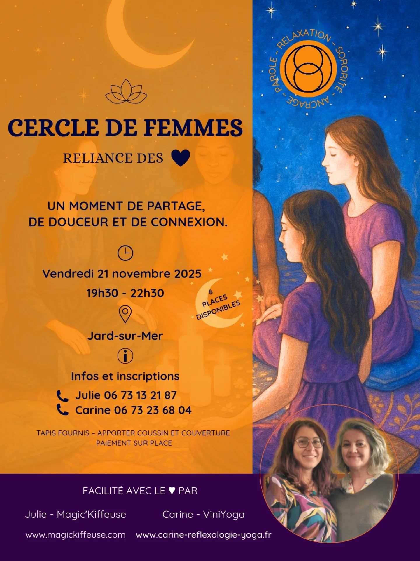 🌕🌹 Cercle de Femmes – Vendredi soir 🌹🌕
co-facilité avec Carine – ViniYoga
Il y a des espaces qui font du bien rien qu’en y pensant.
Des espaces où tu peux déposer, respirer, ressentir…
et te laisser être, tout simplement.
Vendredi soir, on ouvre un Cercle de Femmes.
Un moment pour honorer ce que tu traverses,
pour te relier à d’autres femmes en chemin,
et pour retrouver cette force douce qui naît du collectif.
On sera deux pour te guider :
🧘♀️ Carine, avec sa présence profonde et son ancrage Viniyoga
✨ Et moi, avec ma vibration, ma sensibilité, et cette joie incarnée qui me traverse
Il y a 8 places en tout.
🌀 5 sont déjà prises.
Il reste seulement 3 places disponibles.
Si ton cœur appelle…
👉 Envoie-moi un message dès maintenant pour réserver ta place.
Parce qu’entre femmes, on ne se répare pas. On se reconnaît.
De tout cœur
Julie 🧚♀️
#CercleDeFemmes #Sororité #Viniyoga #MagicKiffeuse #JulieGohier #Reliance #Émotions #JoieIncarnée #Vendée
