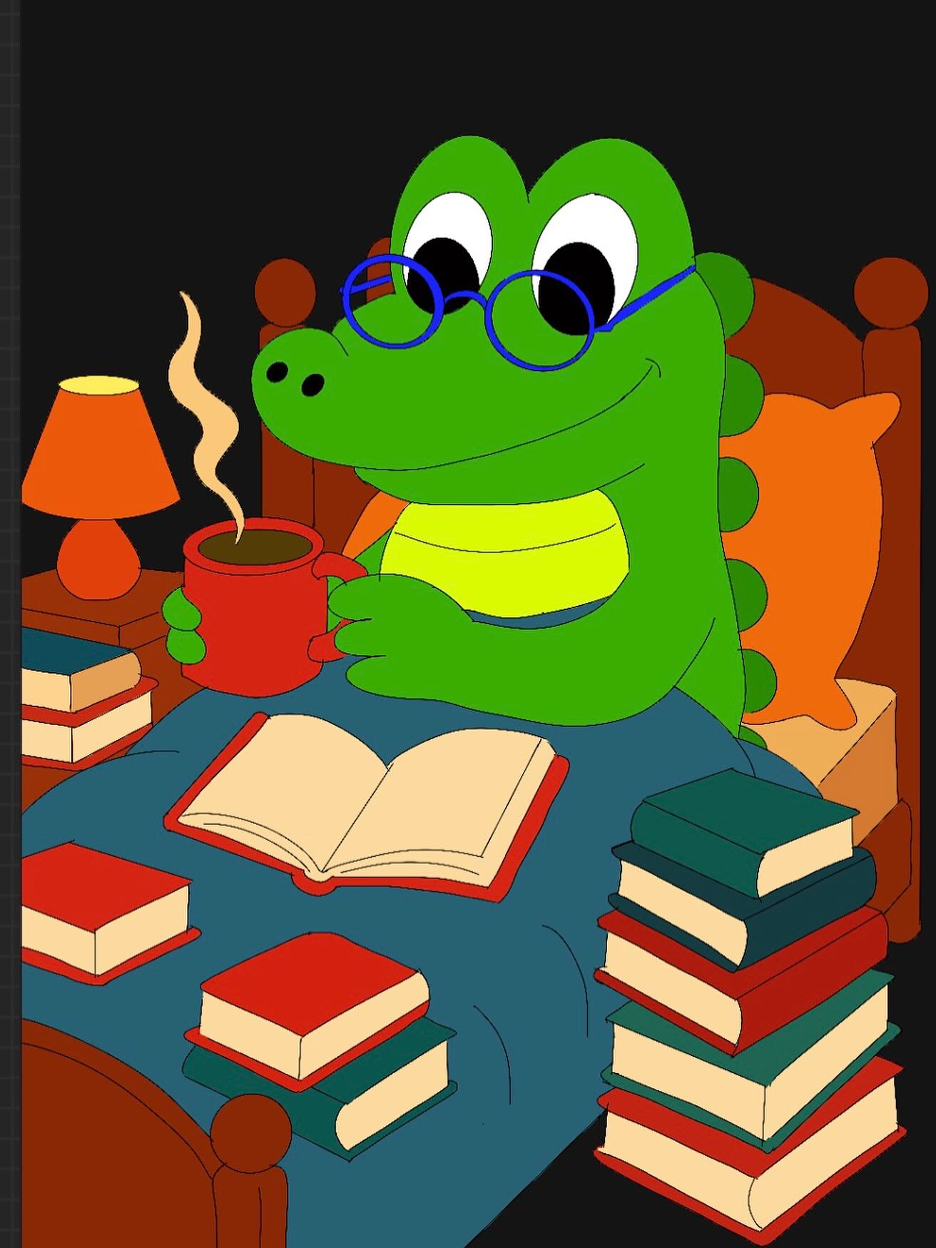 Another cold night in Bristol, and the Bristol Crocodile is wasting no time snuggling up in bed with a good book or two!and a hot chocolate.
The perfect way to end a chilly day.
#BristolCrocodile #ChildrensIllustration #BristolArtists #PictureBookArt #CosyVibes #BedtimeReading #HotChocolateSeason #IllustratorsOfInstagram #BristolMakers #IndieArtist #KidsBooks #WholesomeArt #CozyNightIn #ReadingTime