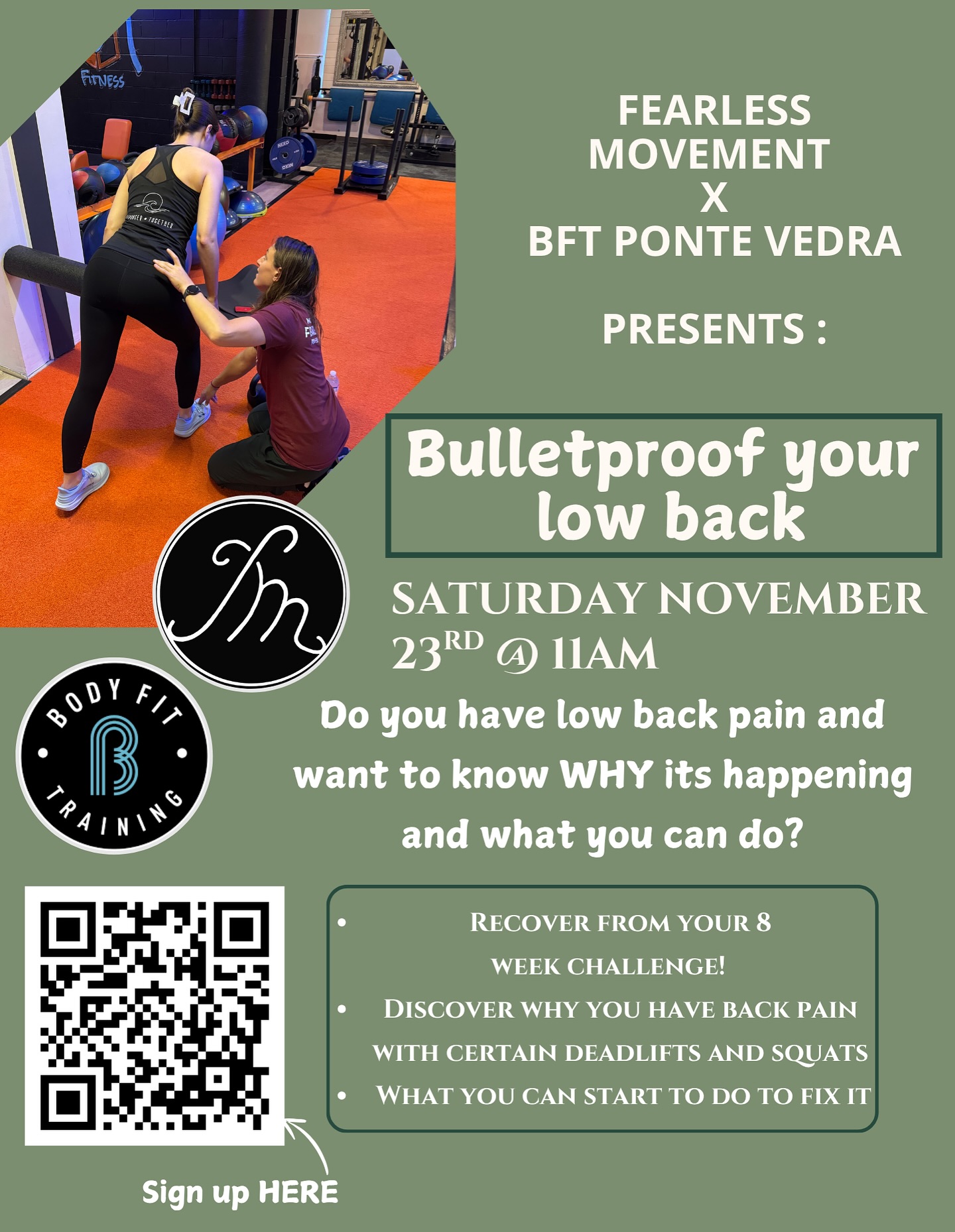 Calling everyone with low back pain! ☎️
This upcoming Saturday the 22nd, we will be partnering with @bft_pontevedra for a low back pain workshop!
This will be a great event for anyone dealing with back pain who wants to learn why it’s happening and what they can do about it!
We will be working through helpful exercises and techniques and you’ll be able to connect with Dr. Alexis of Fearless Movement for help!
This is your sign… if you have low back pain, come to our event THIS Saturday the 22nd.
We hope to see you there! 💪🏼
DM us with any questions.
