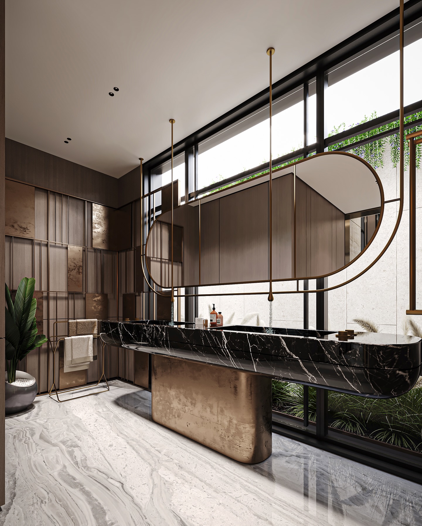 In the heart of Riyadh, KSA, this powder room embodies a quiet dialogue between sculptural form and refined materiality.
Suspended brass elements trace a poetic geometry around the custom-crafted black marble vanity, where light and shadow move with gentle precision.
Soft timber panels and textured metallic finishes create a calm, immersive atmosphere, a modern sanctuary shaped by balance, elegance, and timeless craftsmanship.
Here, luxury is not an aesthetic, but a feeling: serenity made visible. ✨