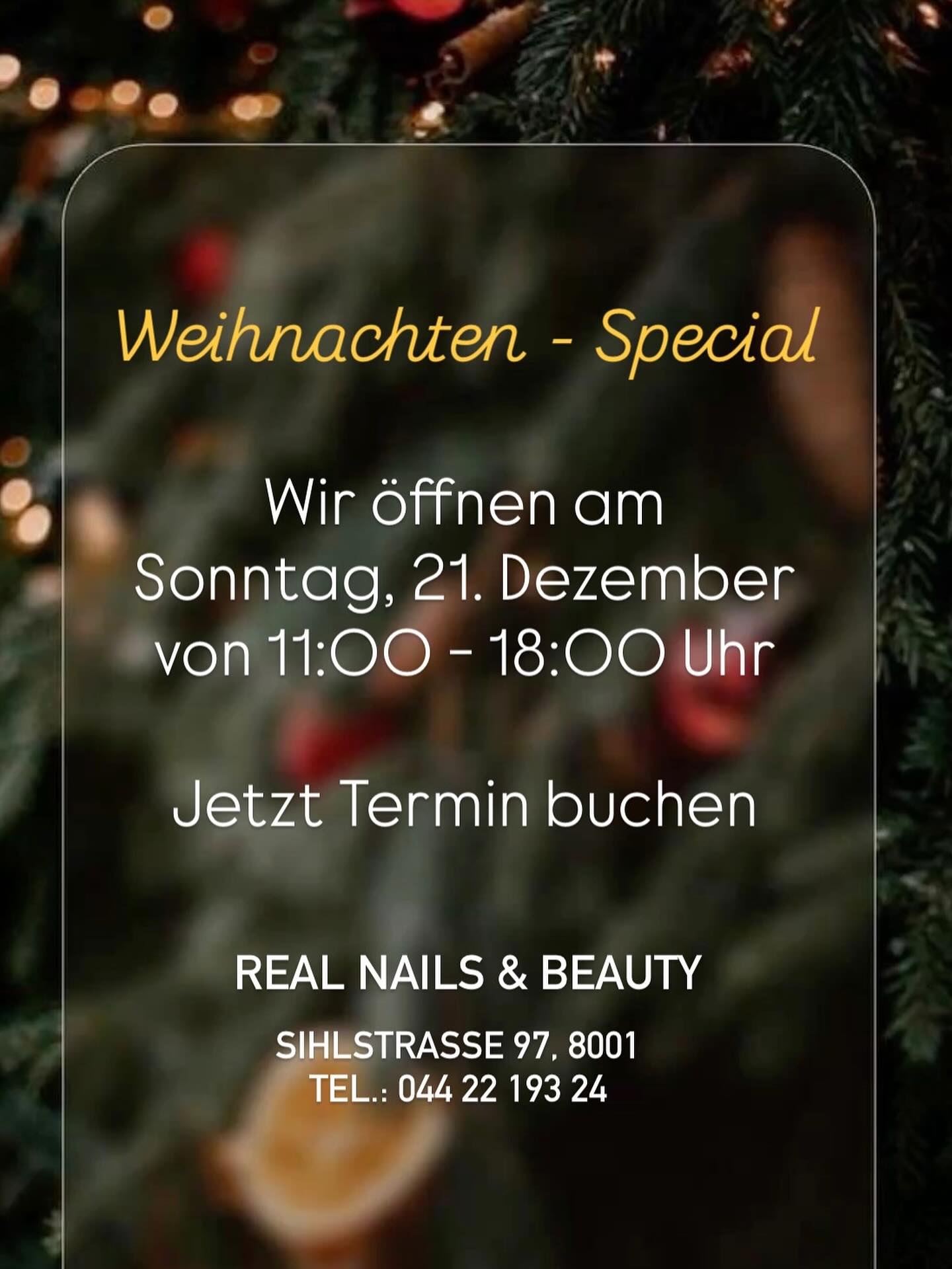 ✨ Die schönste Zeit des Jahres verdient die schönsten Nägel ✨
Am Sonntag, 21.12. sind wir für euch da 💅
Buche jetzt deinen Slot – Plätze sind limitiert!
#realnailszurich #nailszurich #nailart #beautyzurich #christmasnails #gelnails #zürichcity
📞 044 22 193 24
📍 REAL NAILS & BEAUTY
Sihlstrasse 97, 8001 Zürich
❤️ Treat yourself this Christmas 🎁