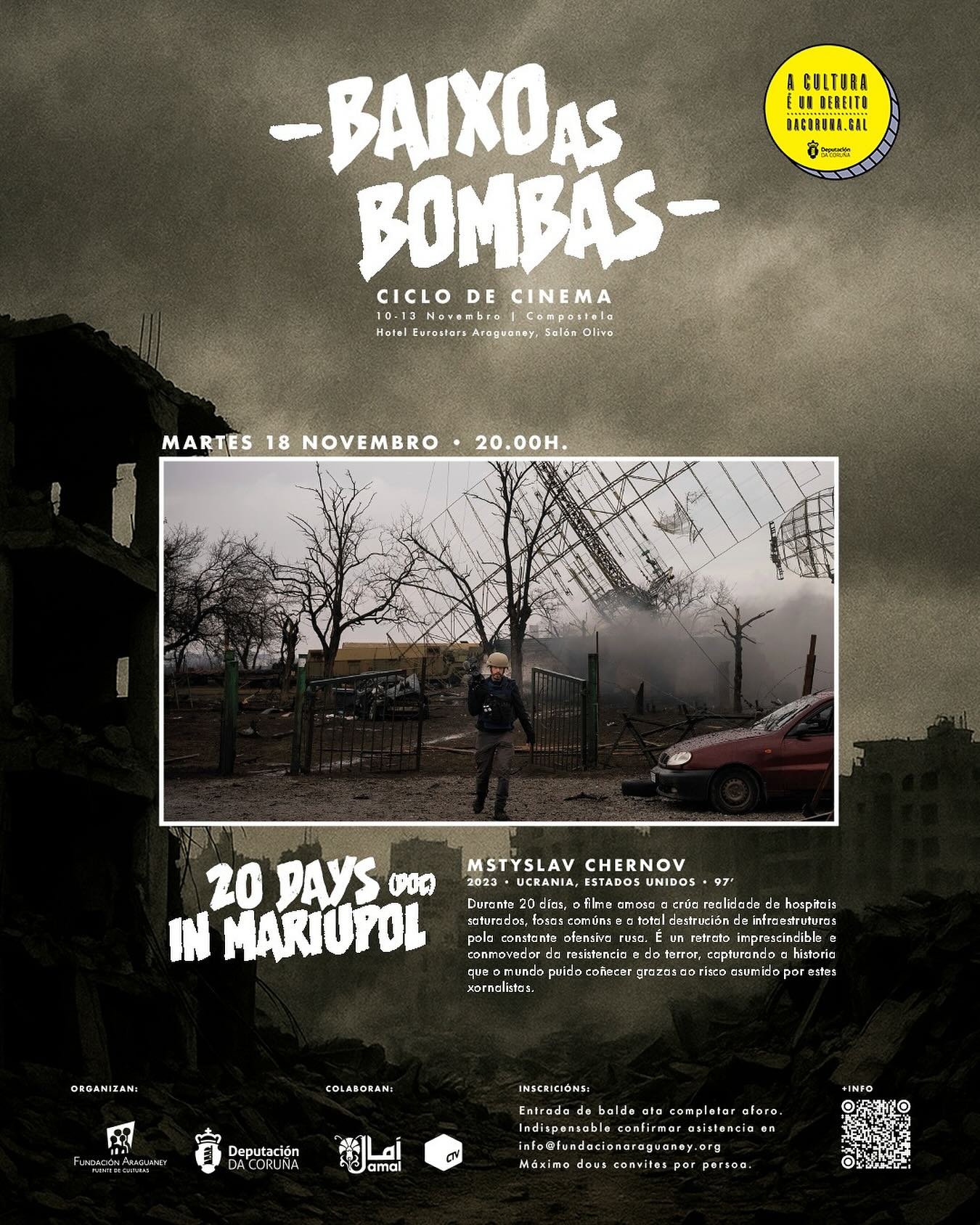 🎥💣 20 DAYS IN MARIUPOL é un relato vívido e estremecedor sobre como é informar dende unha zona de conflito e o impacto do xornalismo de guerra en todo o mundo.
👉 Martes 18 de novembro.
🕛 20:00h
🎫 Entrada de balde ata completar aforo.
📥 Indispensable confirmar asistencia no enderezo info@fundacionaraguaney.org
🙏 Organizado pola Fundación Araguaney coa colaboración da @depucoruna e @culturadadeputaciondacoruna
#amal #palestina #gaza #fundaciónaraguaney #aculturaéundereito #pontedeculturas #ucrania #rusia #afganistán #siria #deputaciondacoruña #santiagodecompostela #galicia #cine #cinema #películas #documentales #documentais #film #movie #movies #cinematography #mundoárabe #paisesárabes #arabworld