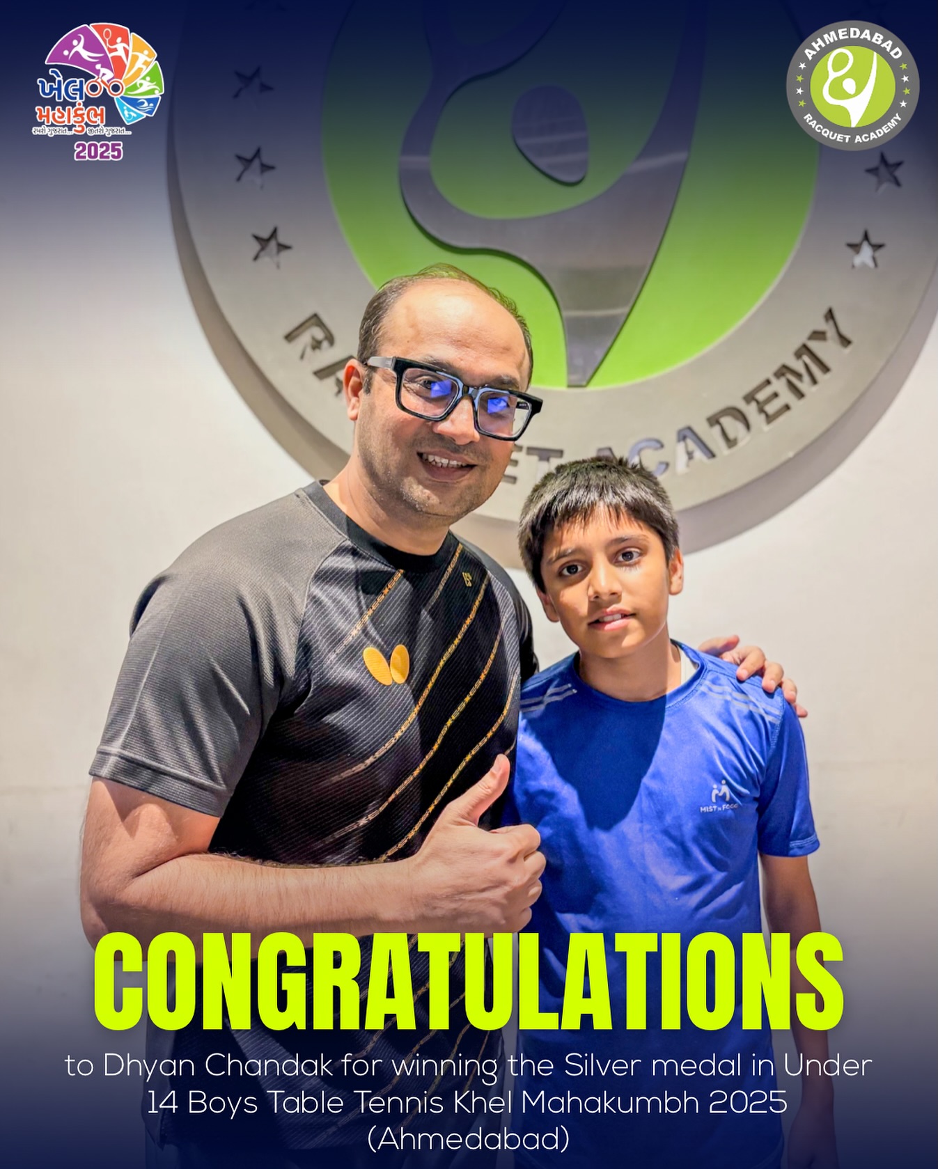 A proud moment for ARA!
Congratulations to Dhyan Chandak for securing the Silver Medal in the Under 14 Boys Table Tennis – Khel Mahakumbh 2025 (Ahmedabad).
Your dedication and hard work continue to inspire. Keep going strong!
#KhelMahakumbh2025 #ARA #AhmedabadRacquetAcademy #TableTennis #YouthChampions #SilverMedalist #FutureStar #ProudMoment #Ahmedabad