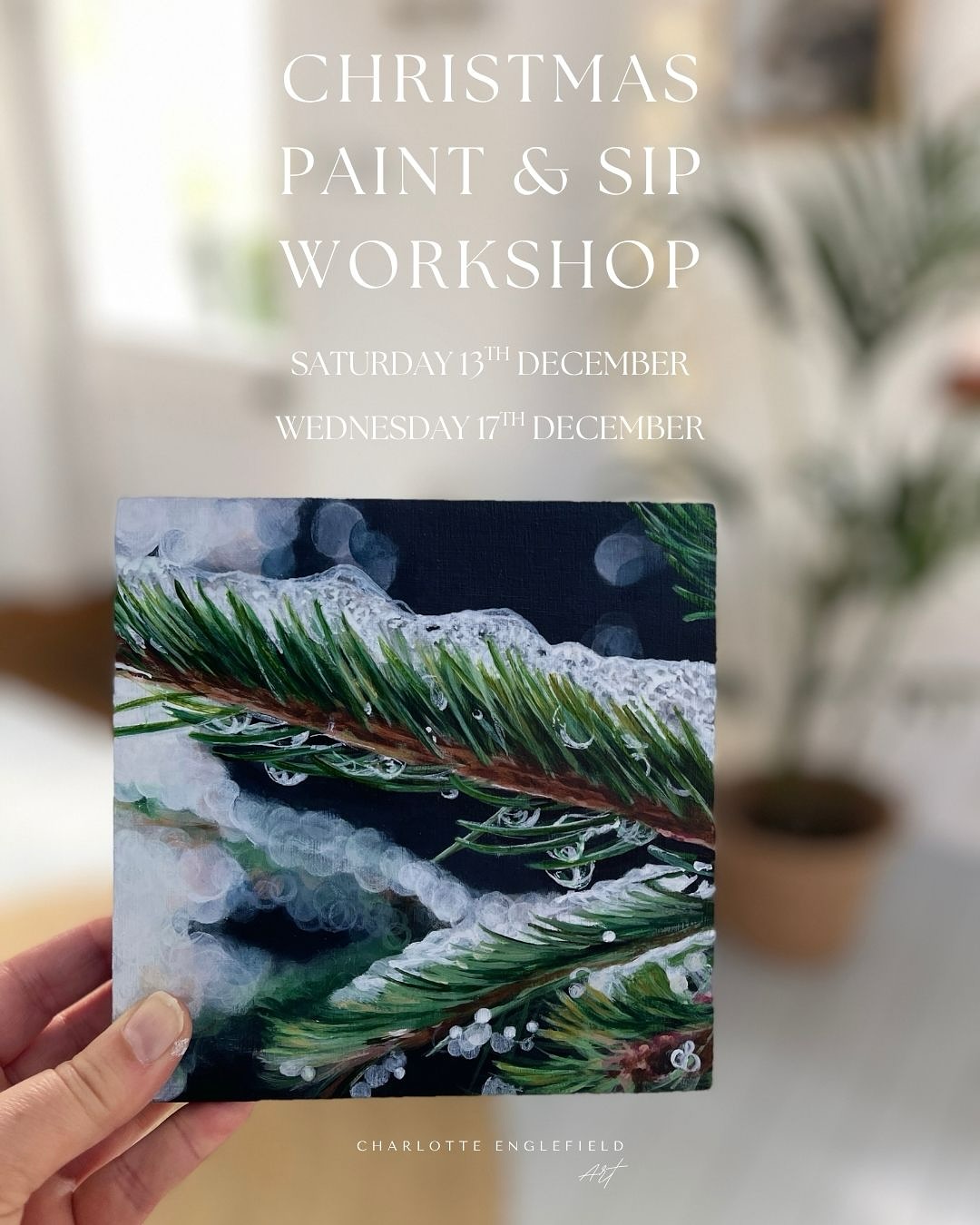 Is it just me or is anyone else struggling to get their head round where this year has gone?! It seems utterly crazy that I am now advertising my Christmas workshops and yet I have just been reminded that it is almost December… in which case I’m a little late!
If you are like me and not quite there yet, then why not book onto one of my Autumnal Paint and Sip Workshops instead? Taking place in my studio over the next few days it will be a chance to recharge your batteries, create and enjoy some much needed calm before the chaos begins. There are just a few spaces left so don’t delay.
https://www.charlotte-englefield-art.co.uk/art-workshops/daytime-paint-and-sip