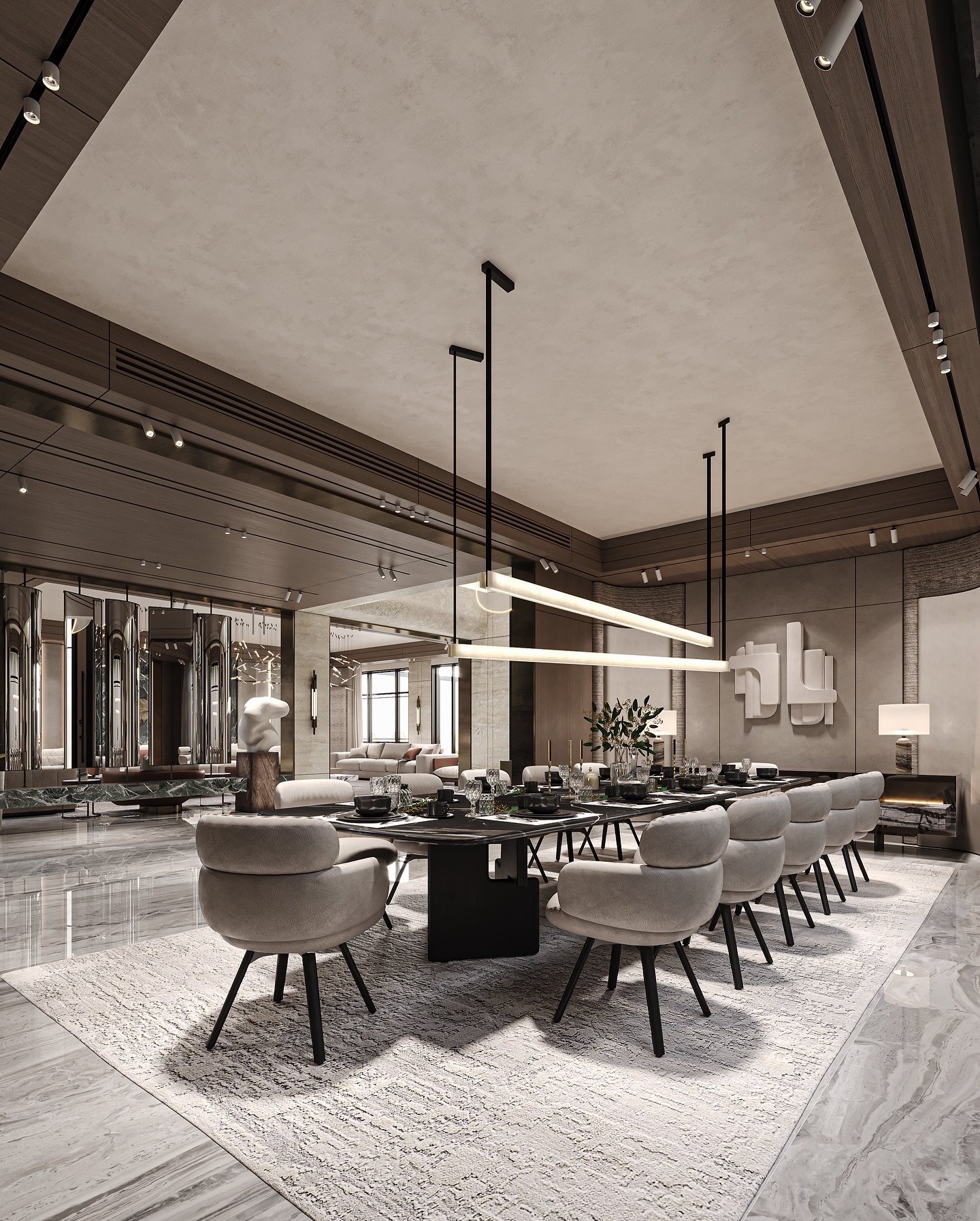 In Riyadh, elegance unfolds through a quiet dialogue of stone, light, and proportion.
This dining hall celebrates contemporary Saudi luxury through an orchestration of refined materials and sculptural details.
A monolithic black marble table anchors the room with bold presence, its fluid veining echoing nature’s rhythm. Surrounding it, plush upholstered seating offers a gentle embrace, crafted for long gatherings, shared stories, and timeless hospitality.
Textures of warm wood, brushed metal, and soft neutral fabrics harmonize to create a sanctuary of balance, intimacy, and understated grandeur.
A space where design becomes experience, and minimalism meets quiet opulence.
✨ Crafted by Maroon Architects | Riyadh, KSA