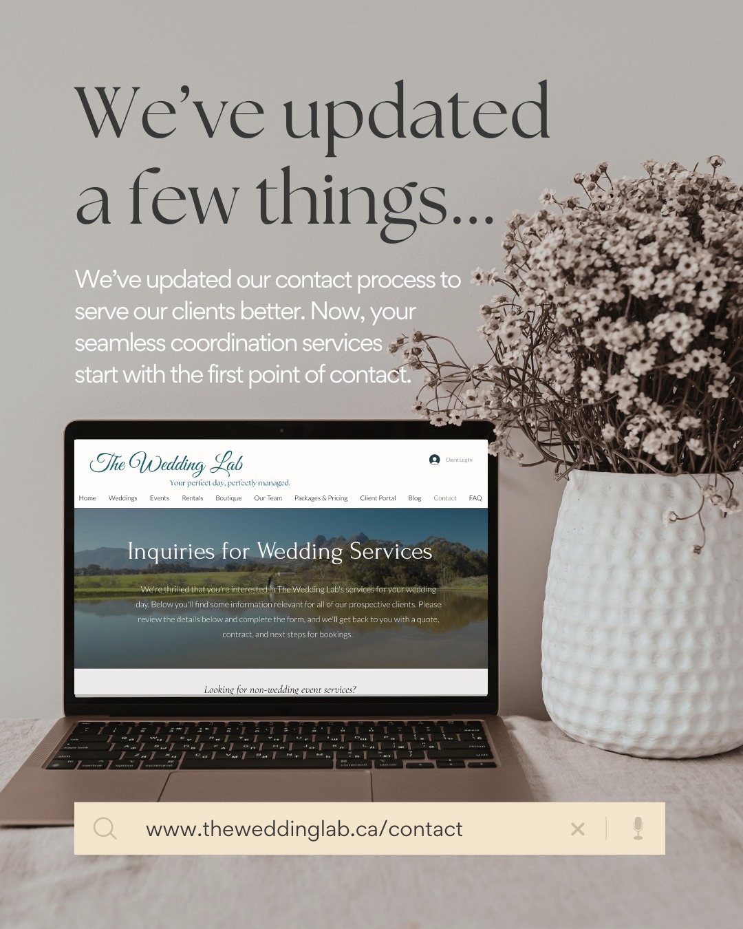 Your wedding planning experience should feel seamless from the very first moment—so we’ve refined our contact process to make that happen.
Our new contact page now guarantees complete clarity and communication between you and your coordination team at The Wedding Lab, right from the start. No more wasted time with back-and-forth emails or missing details. You’ll share everything we need in one smooth step, and we’ll take it from there, saving you time, energy, and giving you back the space to focus on what truly matters.
Start your planning journey with us: www.theweddinglab.ca/contact
theweddinglab.ca | theweddinglabcanada@gmail.com
| or through our DMs