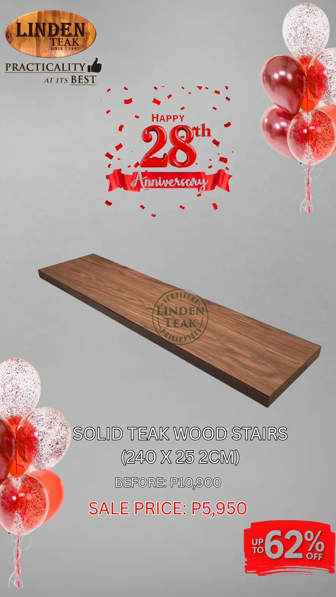 🎉 Celebrating Our 28th Anniversary!
This month only, enjoy up to 62% OFF on select construction products—our biggest savings of the year! Plus, get a free on-site ocular inspection and quotation.
We also offer free design consultations and 3D drawings for customized orders, along with free delivery in select areas.
Visit our stores to explore over 500 actual items on display, or browse online at www.lindenteakfurniture.com.