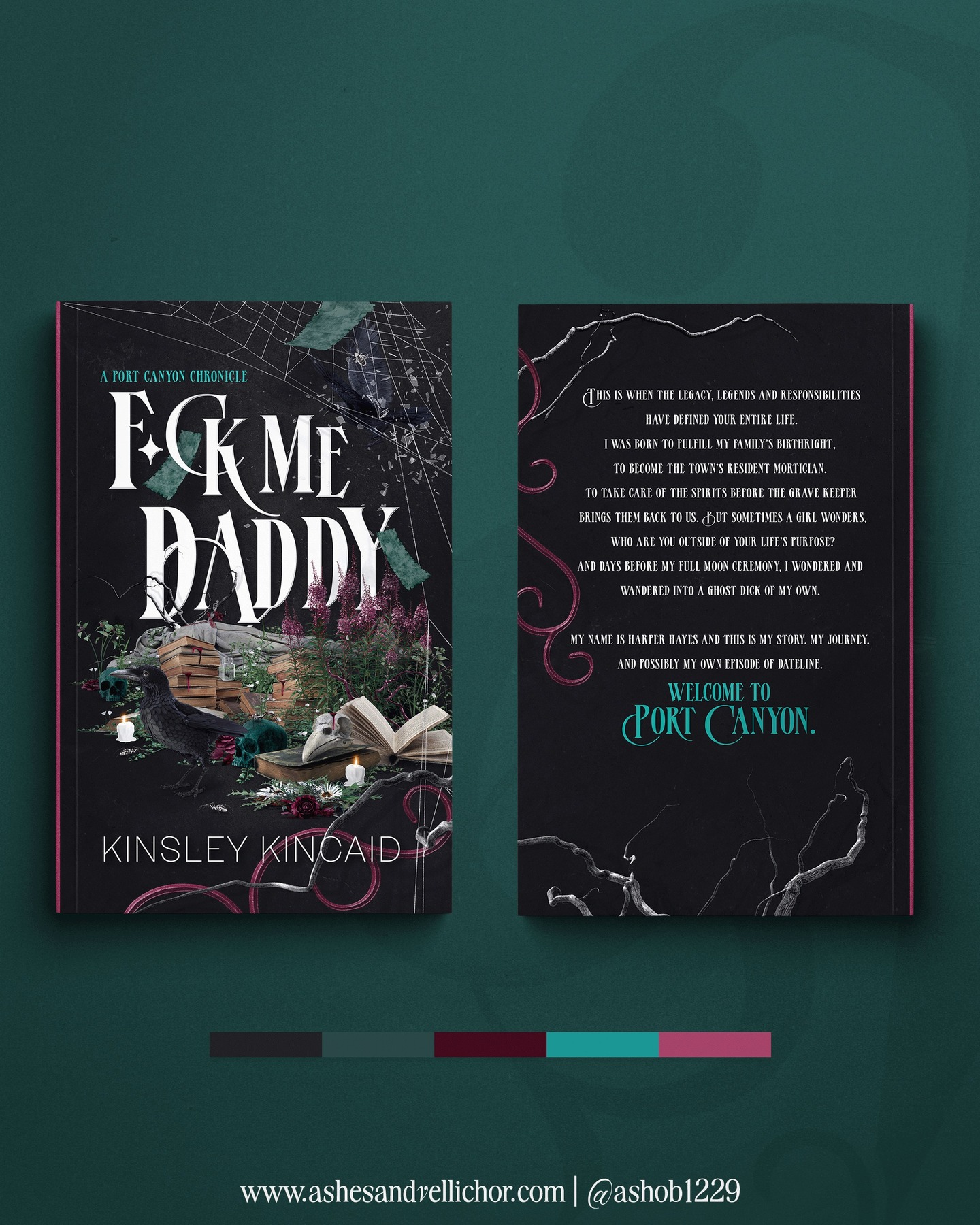 If I could name one style of cover design that I am still absolutely obsessed with it’s #HorrorBotanical and #ForestRot. Much more popular in the Trad Fiction realm of design it marry’s dark academia, plants, and a bit of horror. They are all so visually intriguing and I would happily wax poetic about them for ages.
Designing the Port Canyon Chronicle covers for @authorkinsleykincaid fed that creative spot for me so very much. A gothic garden aesthetic in maximalist form they play off one another so well and feature one of my personal favorite colors. The overgrowth and near spilling out of elements for this second cover show progression from book one’s cover design and the wildness that seems to lurk beneath.
Working with Kinsley is such a creative pleasure and I can’t wait to continue to reveal more projects we’ve collaborated on!
#Ashesandvellichor #ashesandvellichordesigns #bookcoverdesigns #freelancer #photoshop #graphicdesign #graphicdesigner #bookdesigner #Typography #romancebookcovers #romanceauthors #freelancegraphicdesign #darkromance #gothicromance