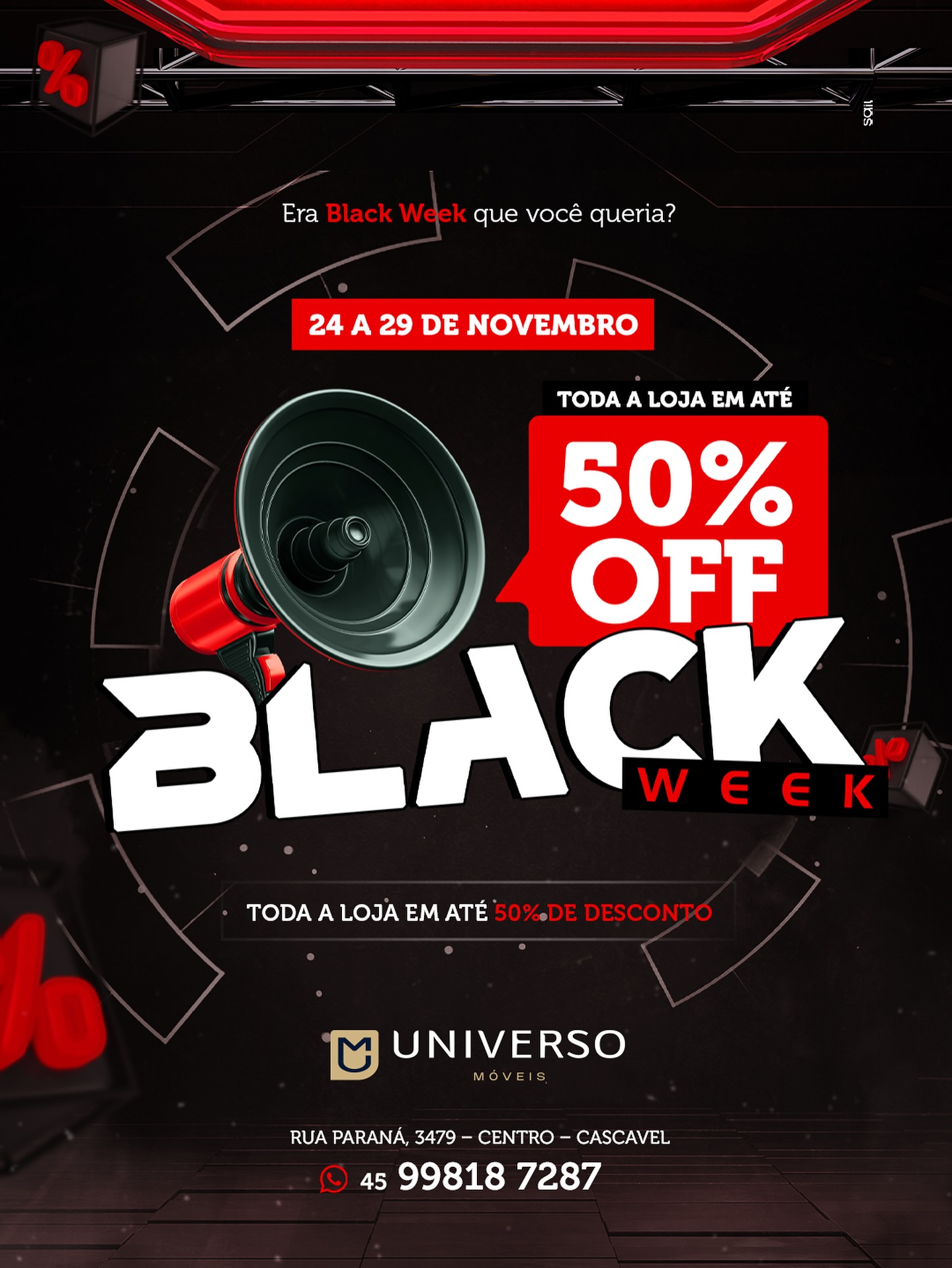 A Black Week que você queria… chegou! 🖤✨
É hora de transformar cada cantinho da sua casa com peças que unem elegância, conforto e preço especial.
Toda a loja com até 50% OFF!
A oportunidade perfeita para renovar seu lar com estilo e qualidade Universo Móveis. 🛋️💫
📍 Rua Paraná, 3479 – Centro – Cascavel
📱 (45) 99818-7287
Passe na loja ou chame no WhatsApp e garanta o seu favorito! 🛒🔥
#BlackWeekUniverso #UniversoMoveis #Cascavel #Decoracao #Moveis #Promoção #Elegância #Design #SeuLarMaisBelo