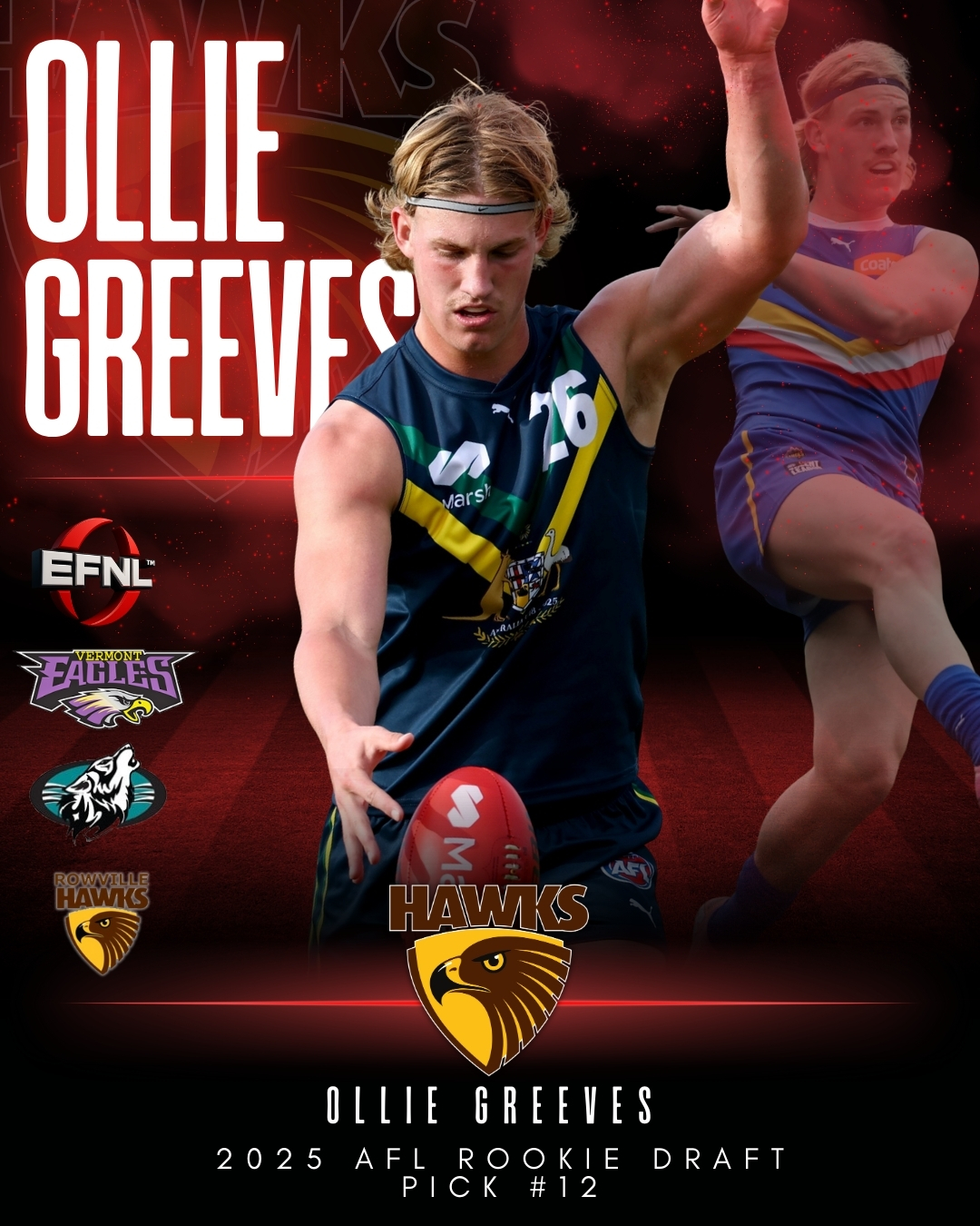 AFL 2025 Rookie Draft | Pick Number 12 - Ollie Greeves
Congratulations to @vermonteagles's Ollie Greeves, selected at Pick Number 12 in today's AFL Rookie Draft by @hawthornfc!