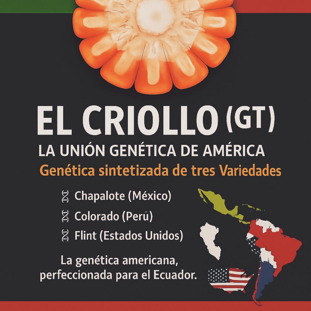 ORIGEN GENÉTICO
EL CRIOLLO (GT) es el primer híbrido desarrollado a partir de la síntesis genética de tres variedades emblemáticas de América:
🌾 CHAPALOTE (México)
🌾 COLORADO (Perú)
🌾 FLINT (Estados Unidos)
Esta combinación única le otorga amplia adaptabilidad, excelente sanidad, y rendimientos superiores en diversos ambientes del Ecuador.
🌱 VENTAJAS CLAVE
- Alta adaptación a distintas zonas y climas.
- Excelente vigor inicial y uniformidad de plantas.
- Mazorcas equilibradas con grano semi-cristalino de alto peso.
- Buena sanidad de planta y mazorca.
- Desgrane fácil y rápido secado en campo.