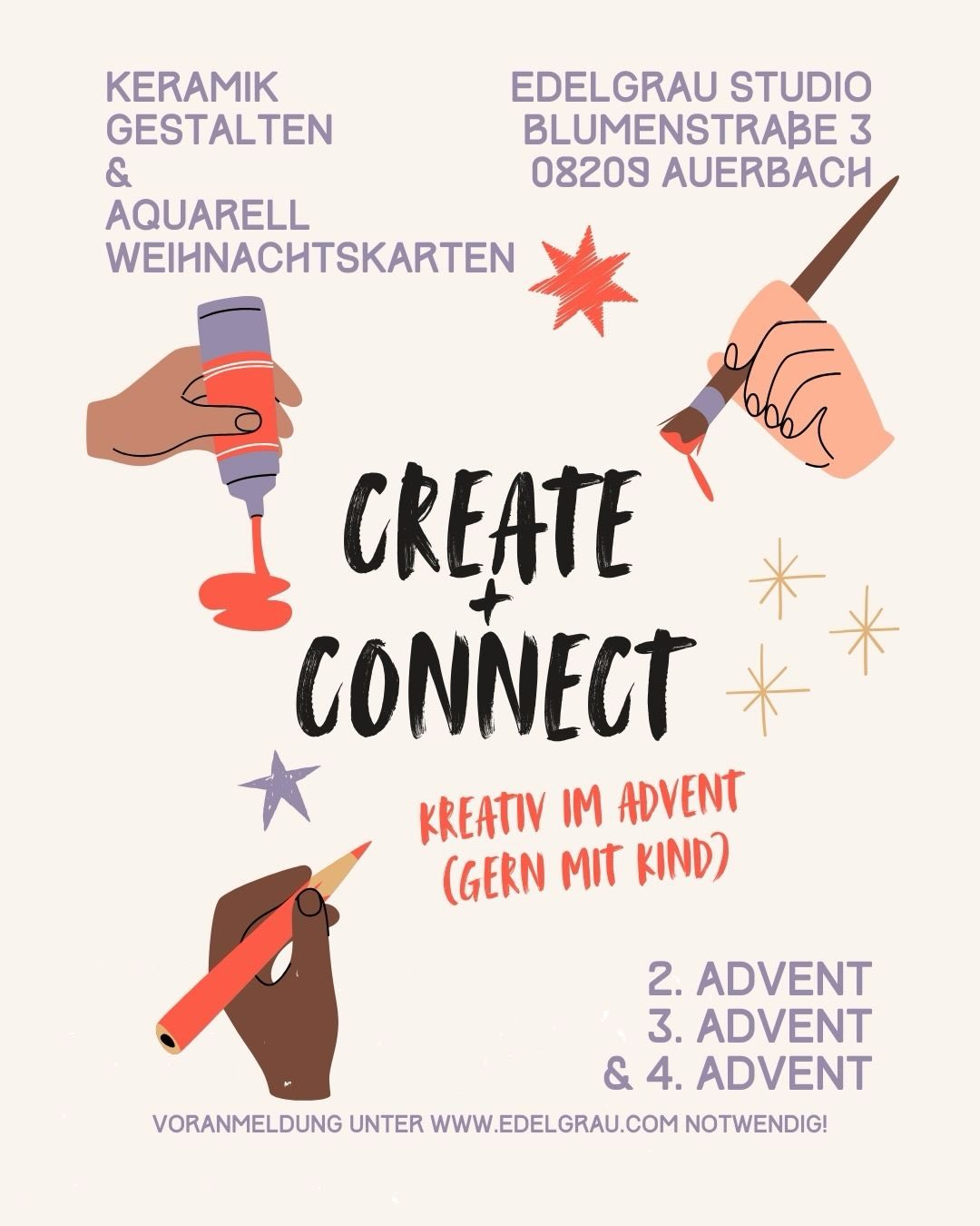 Mach es dir gemütlich und werde kreativ! An den Adventswochenenden lade ich euch wieder ins Edelgrau Studio ein, um gemeinsam Keramik zu gestalten und wunderschöne Aquarell-Weihnachtskarten zu malen.
Ob allein oder zusammen mit deinem Kind – hier entsteht Kunst, Freude und echte Advents-Stimmung. 🎄🖌️
📍 Blumenstraße 3, 08209 Auerbach
📅 Teilnahme am 2., 3. oder 4. Advent möglich
🔔 Voranmeldung unter www.edelgrau.com
Kommt vorbei, werde kreativ und genieße eine besondere Auszeit im Advent! 🎨💛