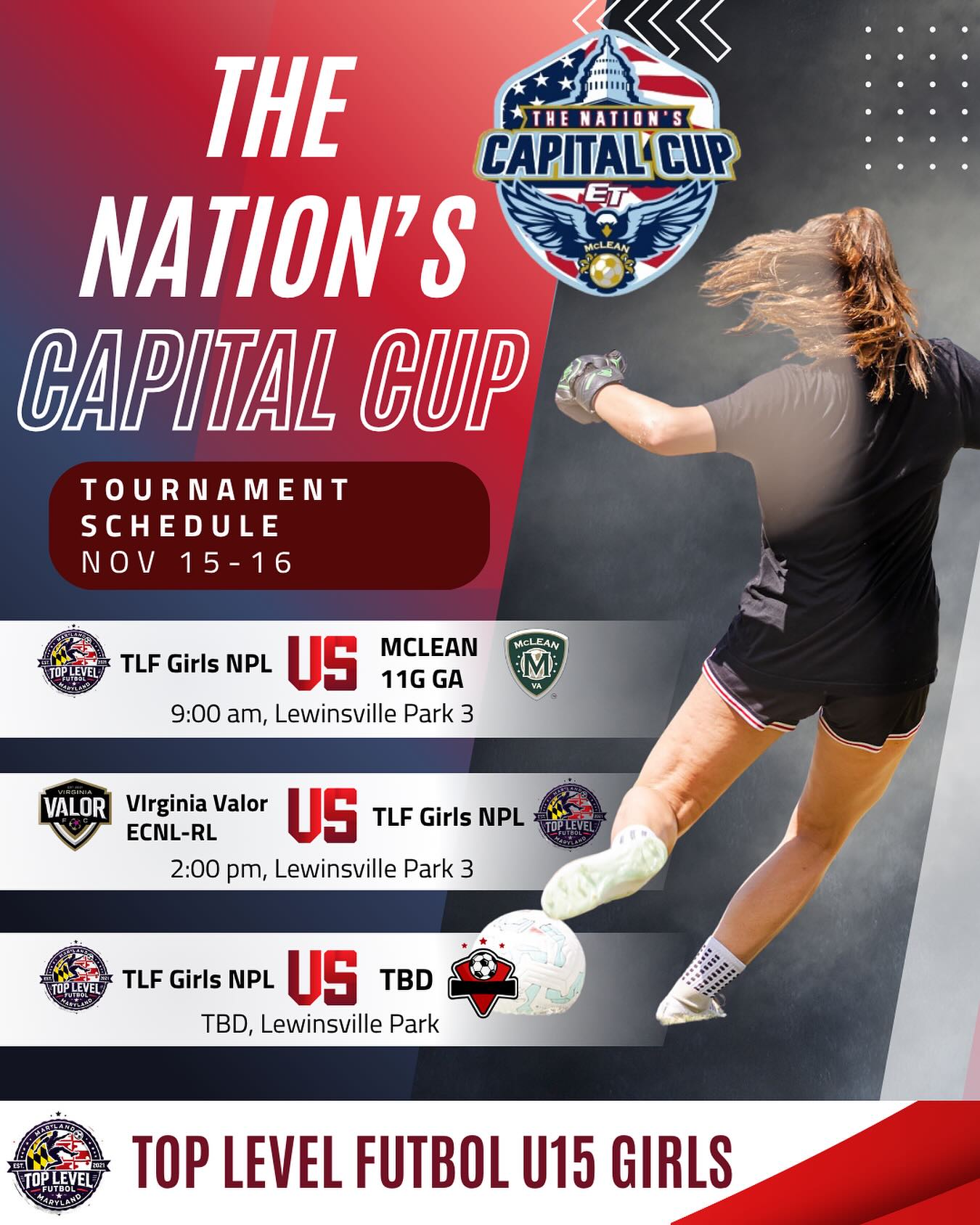 TLF U15 Girls at Nations Capital Cup
november 15-16, lewinsville park
attendence = mandatory