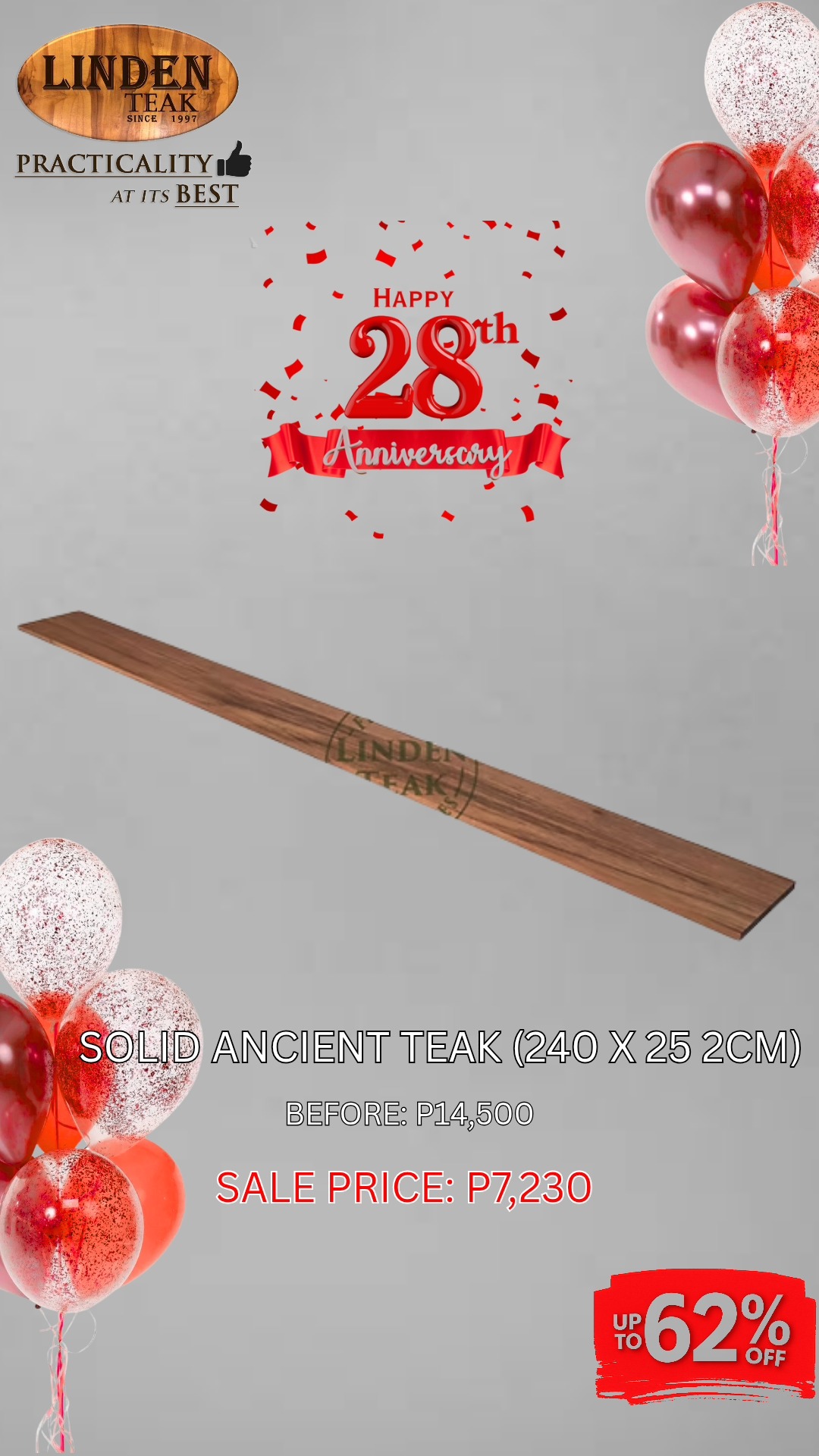 🎉 Celebrating Our 28th Anniversary!
This month only, enjoy up to 62% OFF on select construction products—our biggest savings of the year! Plus, get a free on-site ocular inspection and quotation.
We also offer free design consultations and 3D drawings for customized orders, along with free delivery in select areas.
Visit our stores to explore over 500 actual items on display, or browse online at www.lindenteakfurniture.com.