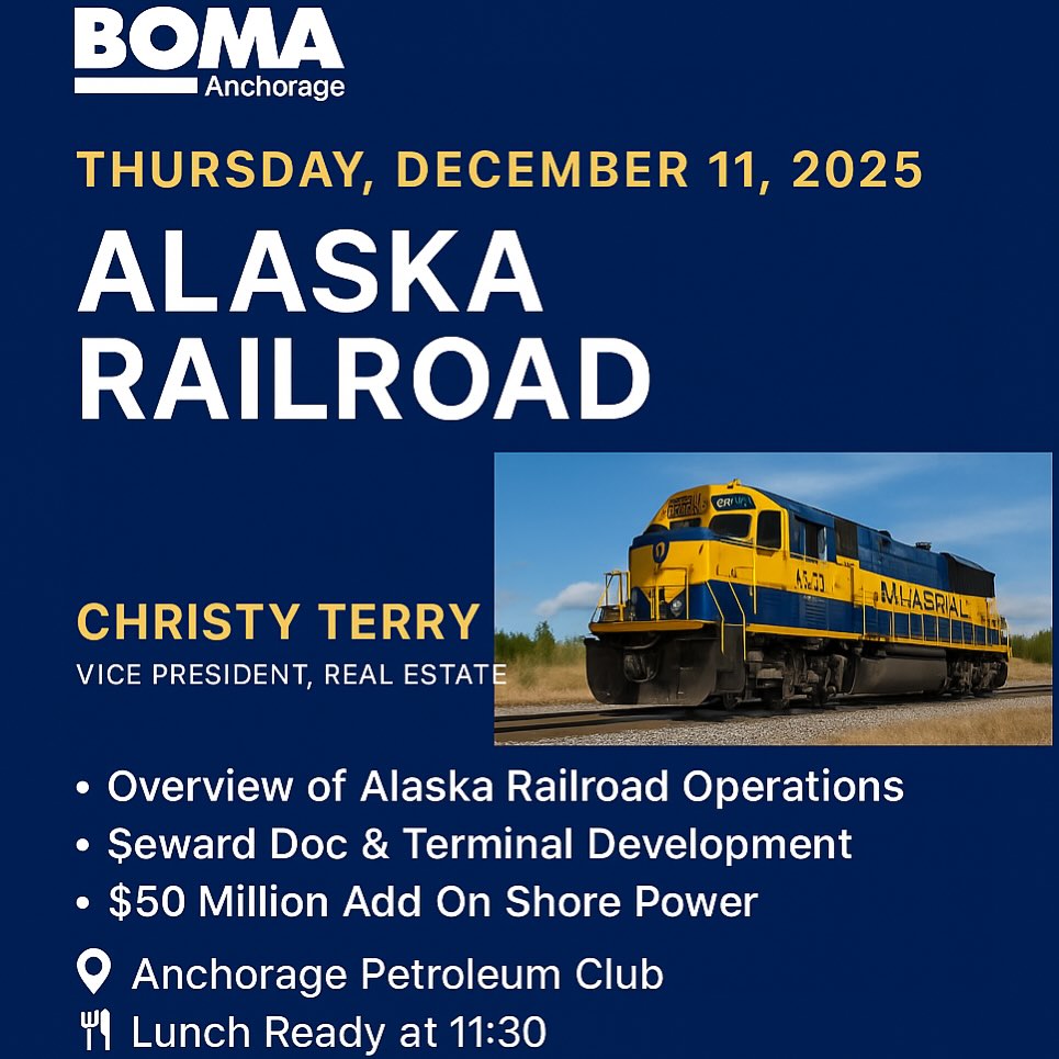 🚆 Join us for the December BOMA Luncheon!
We’re excited to welcome Christy Terry, Vice President of Real Estate at the Alaska Railroad, for an inside look at major developments including:
✨ Railroad Operations
✨ Seward Dock & Terminal Projects
✨ $50M Shore Power Expansion
📅 Thursday, December 11, 2025
📍 Anchorage Petroleum Club
🍽 Lunch at 11:30 AM | Program at Noon
🔗 Register today! https://www.bomaanchorage.com/event-info/december-boma-luncheon-
alaska-railroad
#BOMAAnchorage #AlaskaRailroad #AnchorageEvents #CommercialRealEstate #AlaskaBusiness
