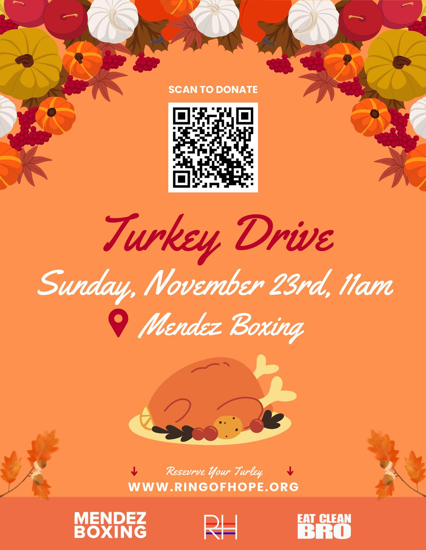 We are teaming up with Mendez Boxing to provide 75 turkeys and 25+ meals to the community. Visit ringofhope.org to reserve your turkey or donate 🦃