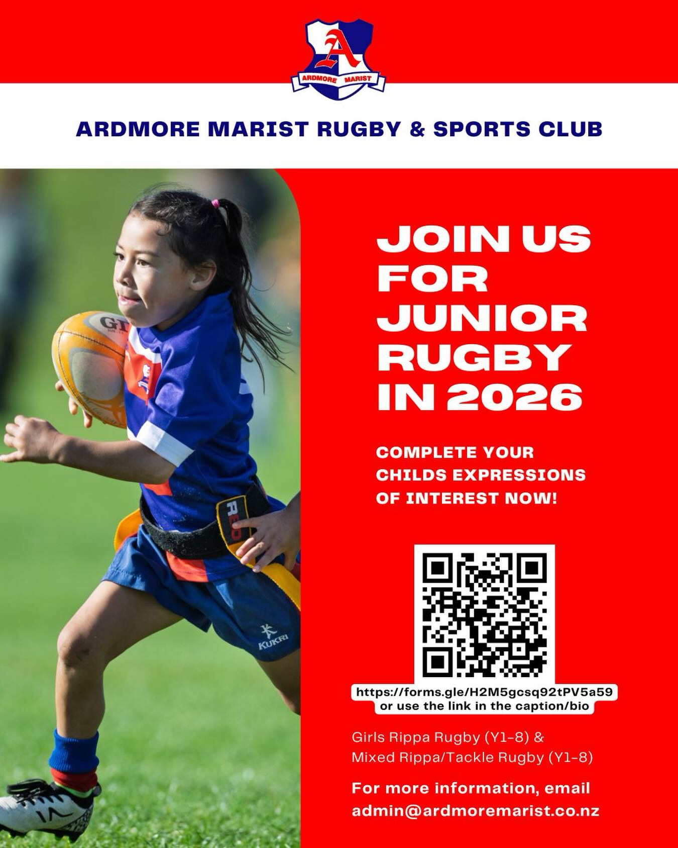 Expressions of Interest – Ardmore Marist Junior Rugby 2026 🔵⚪️🔴
We’re now taking expressions of interest for our 2026 junior rugby programme:
• Years 1–2: Rippa
• Years 3–6: Tackle
• Years 7–8: Competition grades
• Girls Rippa: Years 1–10
Whether new or returning, we’d love to have you join us for the 2026 season.
Register your interest: https://shorturl.at/4o4A8 or use the link in our bio!
#ArdmoreMarist #JuniorRugby #2026season