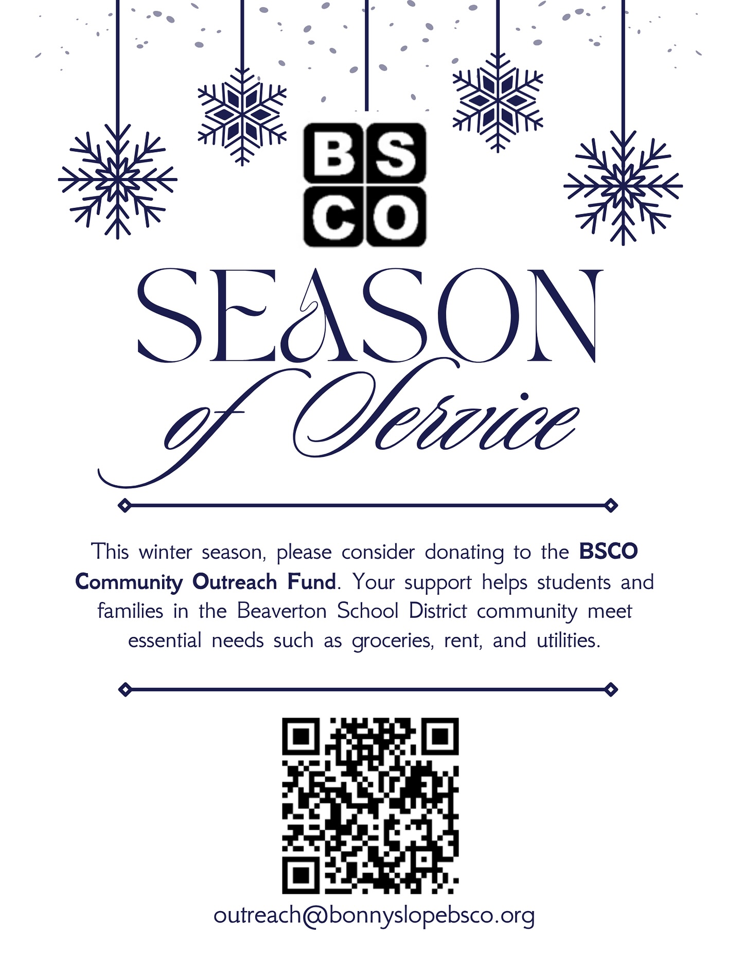 As we approach winter and all the holidays, we’d love for you to consider donating to the BSCO Community Outreach Fund. The money raised will support students and families at Bonny Slope as well as those at neighboring BSD schools, by providing assistance with groceries, rent, and utility bills. 🤍
Questions? Email the Community Outreach committee at outreach@bonnyslopebsco.org ✉️