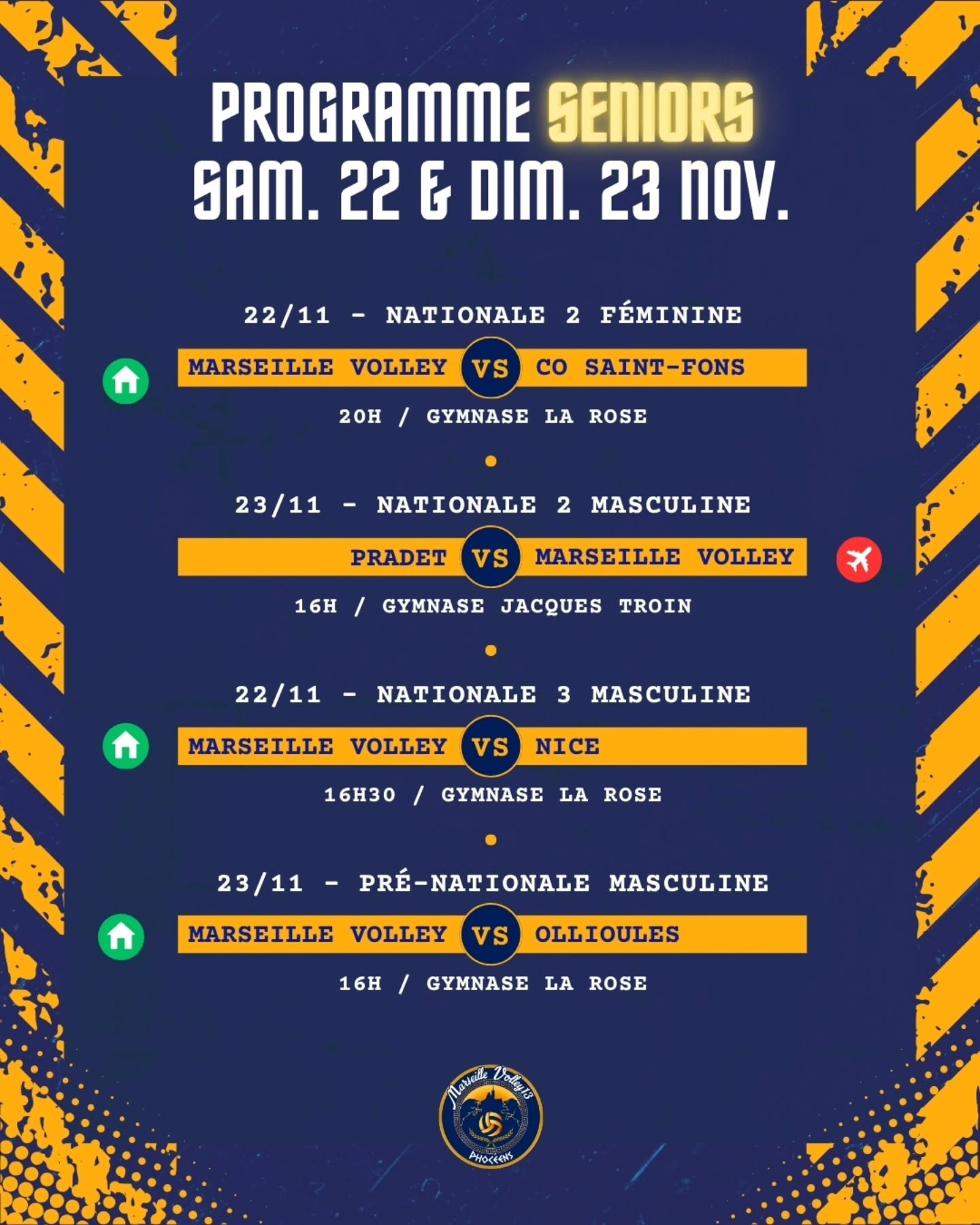 🔥 PROGRAMME MATCHS – WEEK-END DU 22 & 23 NOVEMBRE 🔥
Nos équipes sont prêtes pour un nouveau week-end de volley intense 💥
Entre matchs à domicile 🏠 et déplacements ✈️, le club sera sur tous les terrains !
👉 Nationale 2, Nationale 3, Pré-Nationale, Région & Départementale
👉 Les jeunes M15 & M18 prêts à défendre nos couleurs
👉 Plusieurs rendez-vous à La Rose comme au cosec St Jérôme pour venir encourager nos équipes