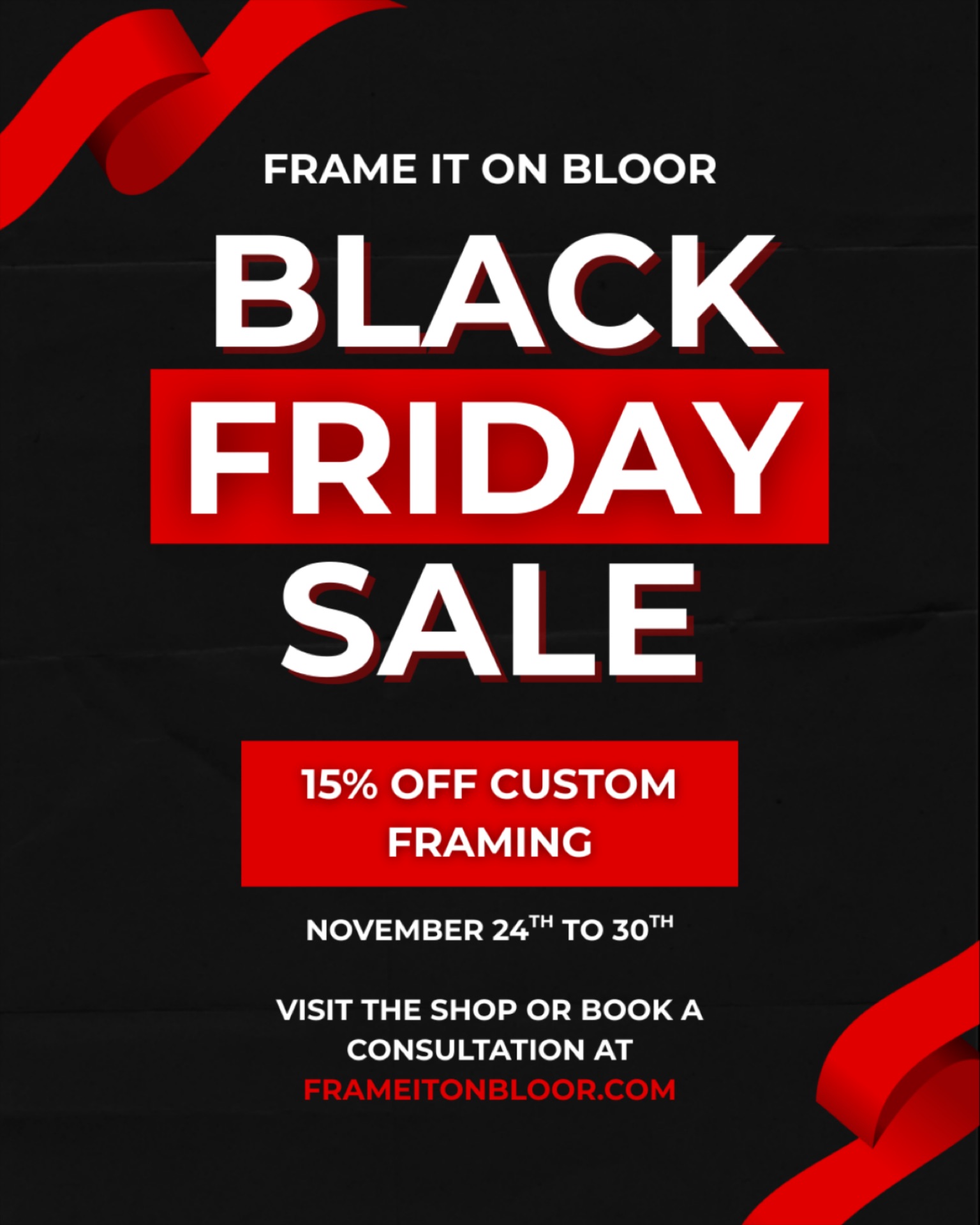 Your last chance for Christmas framing is during our week long Black Friday Sale! 🖼✨
From Monday, November 24th to Sunday, November 30th, take 15% off your custom framing order. Feel free to drop by the shop, visit our website to submit a quote, or book your in person or online consultation! 🧑💻
See you soon! ✨
#frameitonbloor #customframing #artframing #toronto #downtowntoronto #bloorbythepark #bloorwestvillage #shoplocal #smallbusiness #torontosmallbusiness #blackfriday #blackfridaysale #smallbusinessblackfriday #art #framingsale #blackfridaydeals #torontoblackfriday
