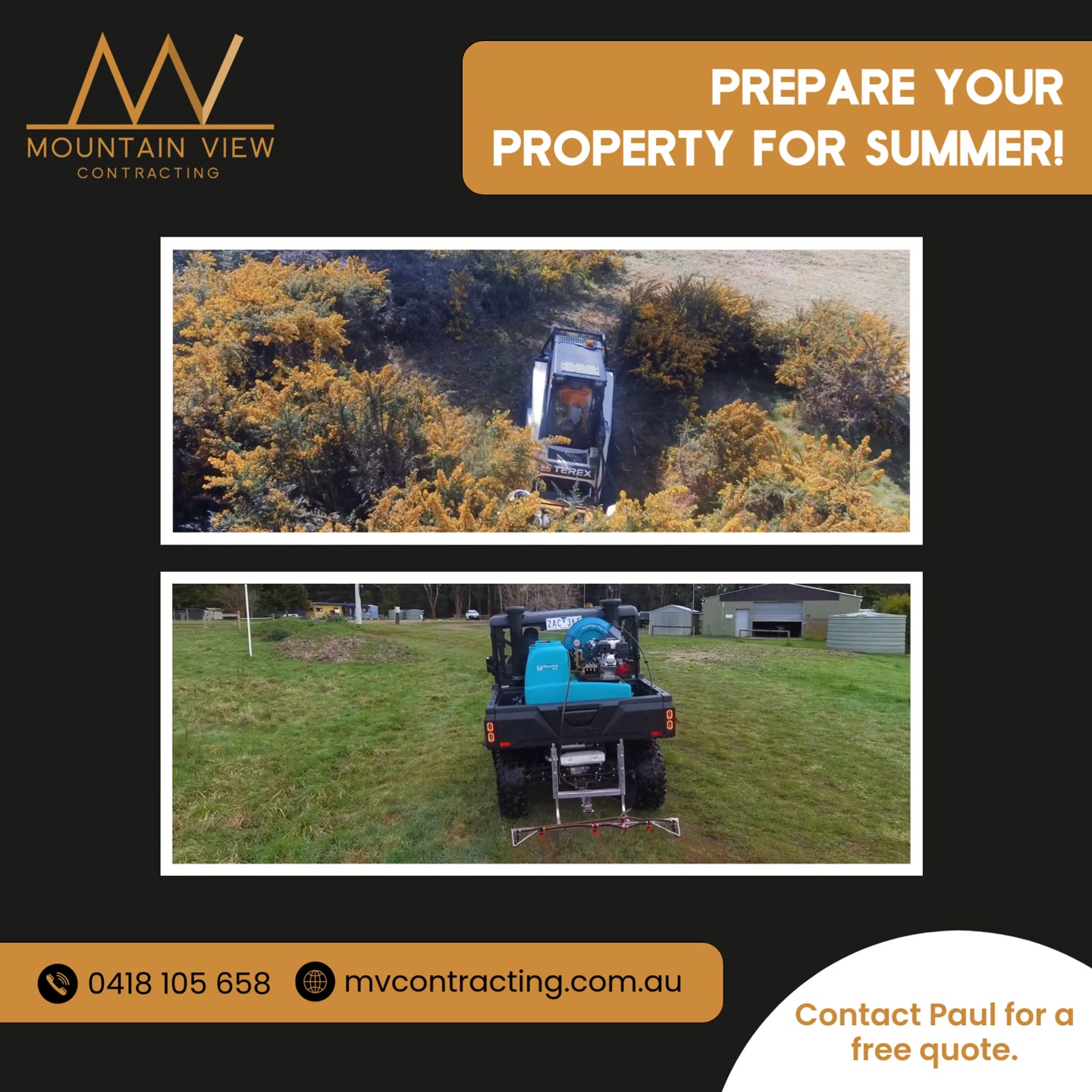 Getting properties summer-ready with MVC’s full suite of services! 🔥 From targeted weed spraying to the ECOBLADE’s unbeatable precision, we’re preparing land across the region for a safe, weed-free summer. Ready to see your property looking its best? Let’s make it happen.
Contact Paul via messenger or the MVC website for a free quote.
.
.
.
.
#mountainviewcontracting #mvcontracting #earthworks #gisborne #macedonranges #ballarat #mitchellshire #creswick #daylesford #trentham #glenlyon #ashbourne #tylden #lyonville #hepburnshire #mtalexandershire #harcourt #castlemaine #maldon #woodend #lancefield