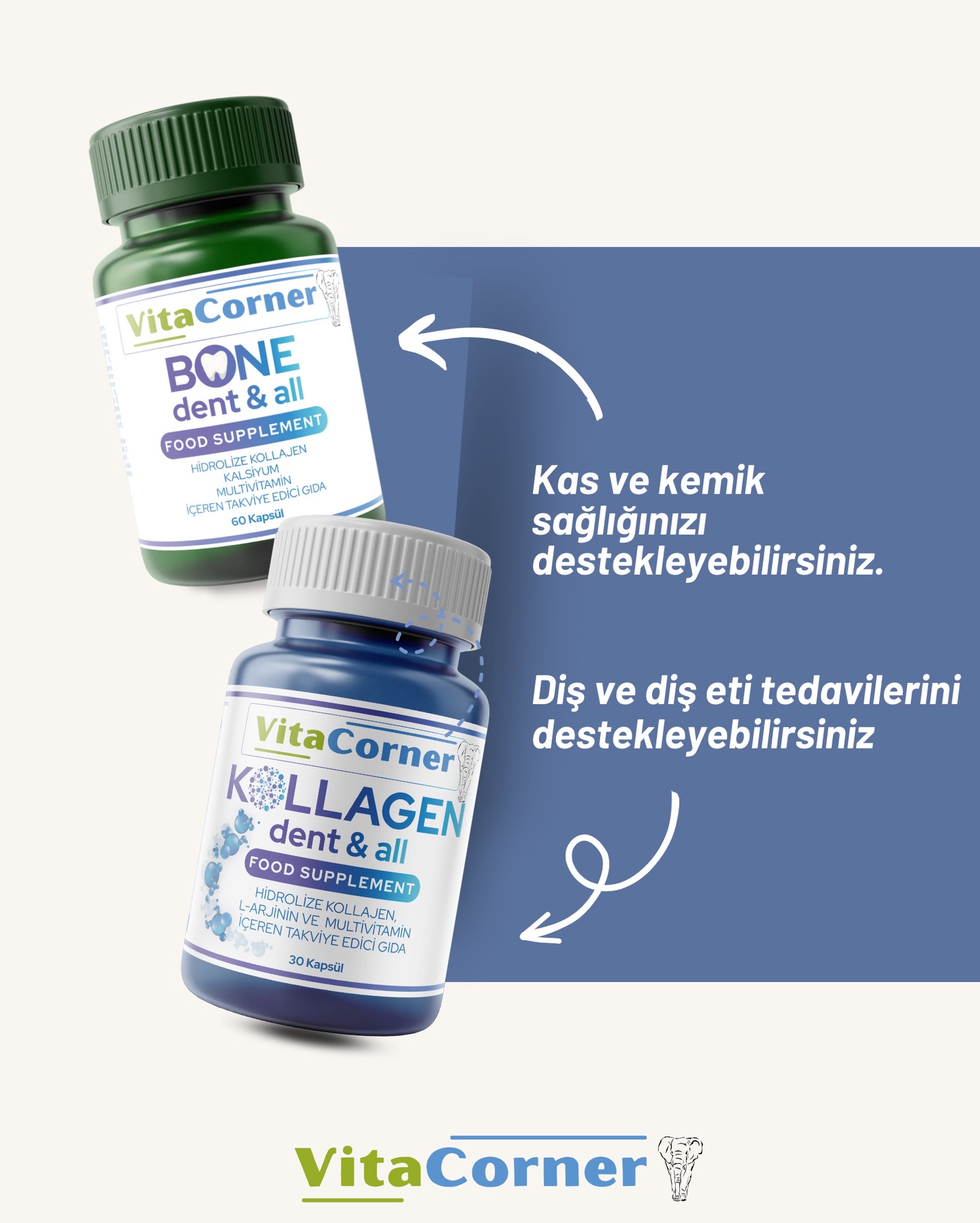 Sağlam bir gülüş, içeriden başlar!
VitaCorner’ın Bone Dent & All ve Kollagen Dent & All destekleriyle kas–kemik yapınızı güçlendirirken, diş ve diş eti tedavilerinizi de destekleyebilirsiniz.
Daha güçlü, daha sağlıklı ve daha bütüncül bir ağız bakımı için günlük rutininize eklemeyi unutmayın. ✨🦷
#cvitamini #bağışıklık #vitamin #mineral #besi̇ntakvi̇yesi̇ #vitacorner #takviyegıda #gıdatakviyesi #bağışıklıksistemi #mineral #vitamin #metabolizma #dişetisağlığı #kolajen
