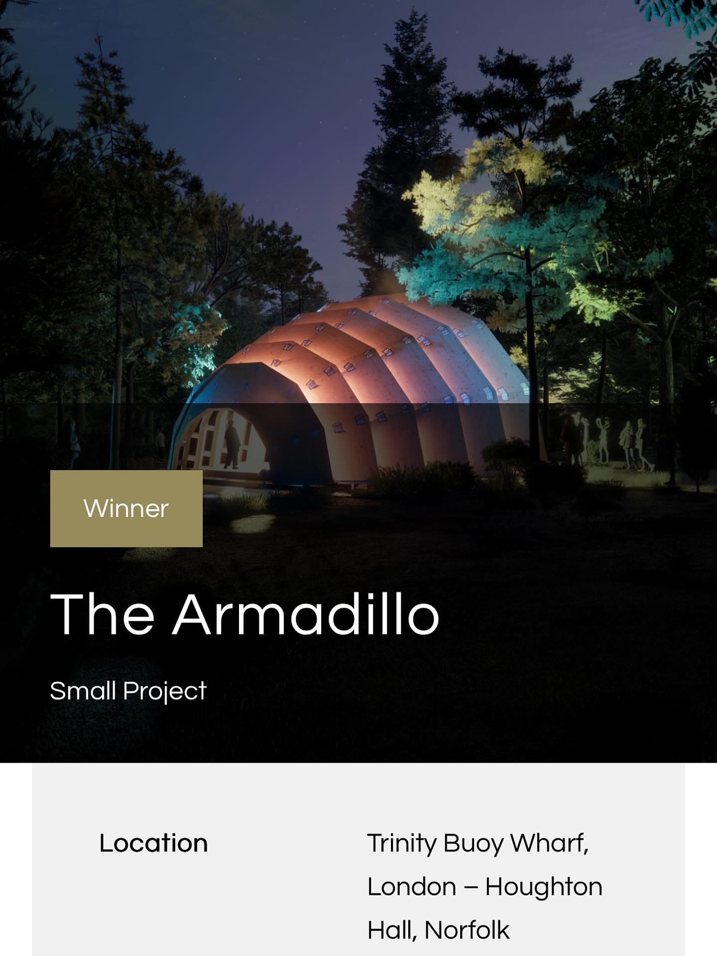 Congratulations to @unknown.works , whose Armadillo design , a stage at @houghtonfestival , won the prestigious ‘small project’ Wood Award last night. This innovative timber sound pavilion, built from eucalyptus and pine CLT, represents a pioneering project in sustainable architecture, acoustic design and advanced timber construction.
