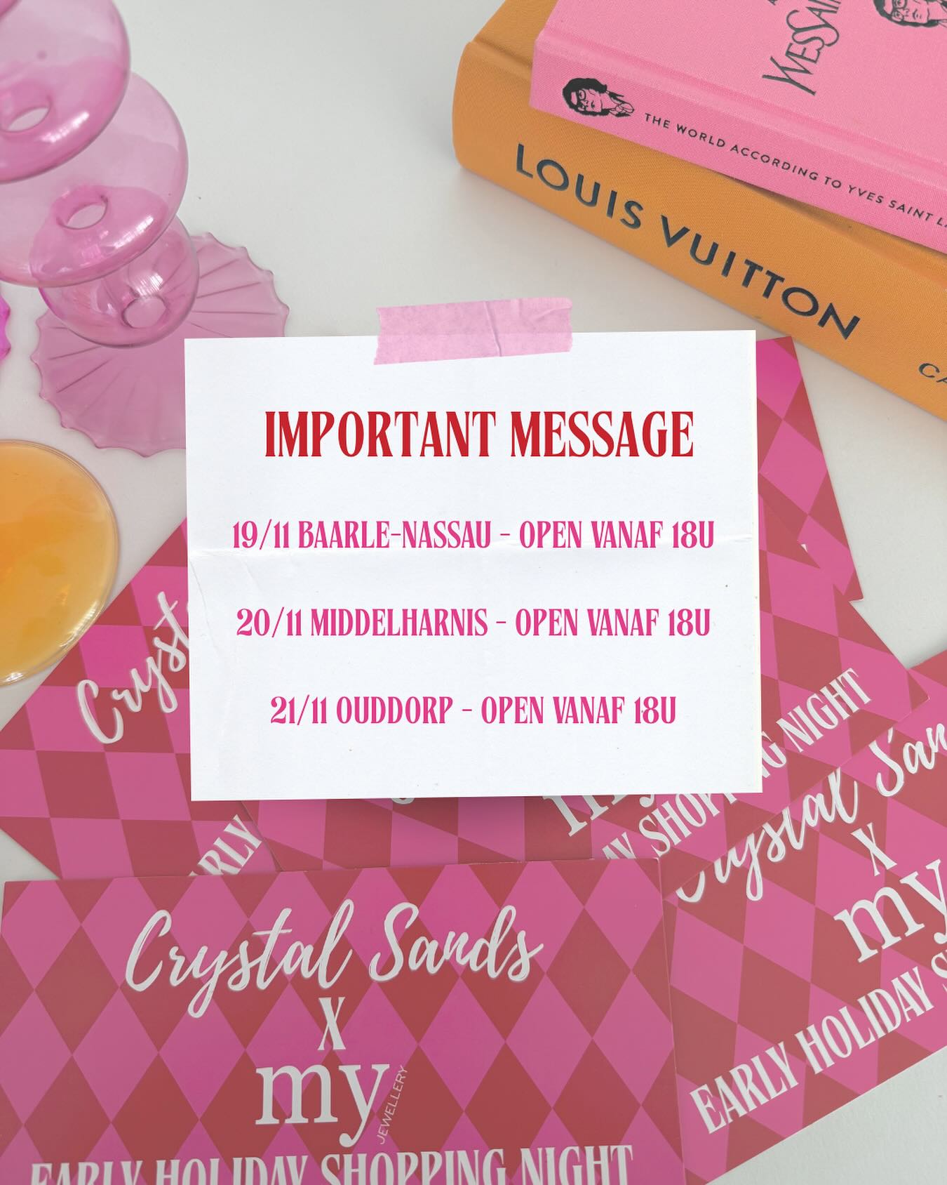 IMPORTANT MESSAGE ‼️💖
Wij zijn volop bezig met de voorbereidingen van onze shopping nights… 🤗🛍️
Om alles perfect te laten verlopen, zullen onze boutiques doorheen de dag van de Shopping Night gesloten zijn.
Dat betekent:
🎀 19/11 – Baarle-Nassau: open vanaf 18u
🎀 20/11 – Middelharnis: open vanaf 18u
🎀 21/11 – Ouddorp: open vanaf 18u
Zo kunnen wij alles voorbereiden en om 18:00 uur de deuren openen voor onze exclusieve My Jewellery Shopping Night. ✨🎁🫶 WE CAN’T WAIT!
#shoppingnight #myjewellery #koopavond #christmasshoppingtime
