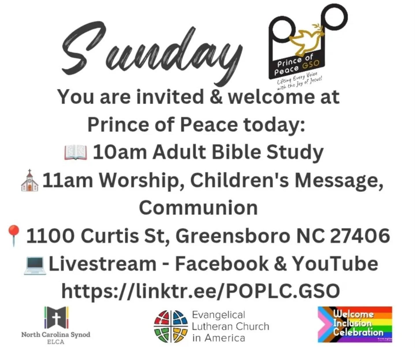 #christthekingsunday Prince of Peace today:
📖 10am Adult Bible Study
✝️ 11am Worship, Children's Message, Communion
➡️ 1100 Curtis St Greensboro 27406
🖥️ Livestream - Facebook & YouTube
https://linktr.ee/POPLC.GSO
You will find the bulletin and lessons at the linktree above or in bio.