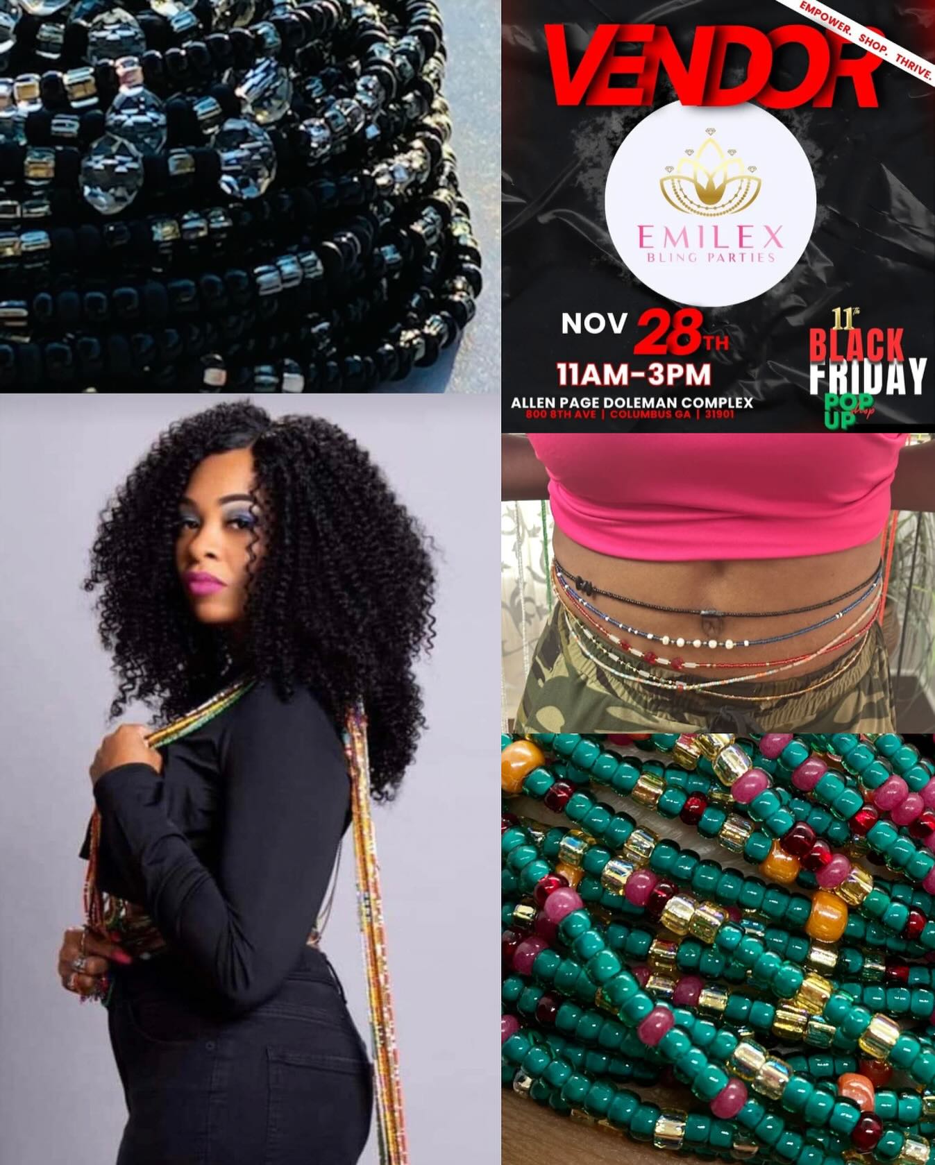 🌟 We’re Vending!
Pull up to the Black Friday Pop-Up and grab your handcrafted waist beads and accessories from EmiLex Bling Parties. Let’s add some shine to your holiday season! ✨🛍️
.
.
.
#blackfriday #vending #waistbeads #accessories