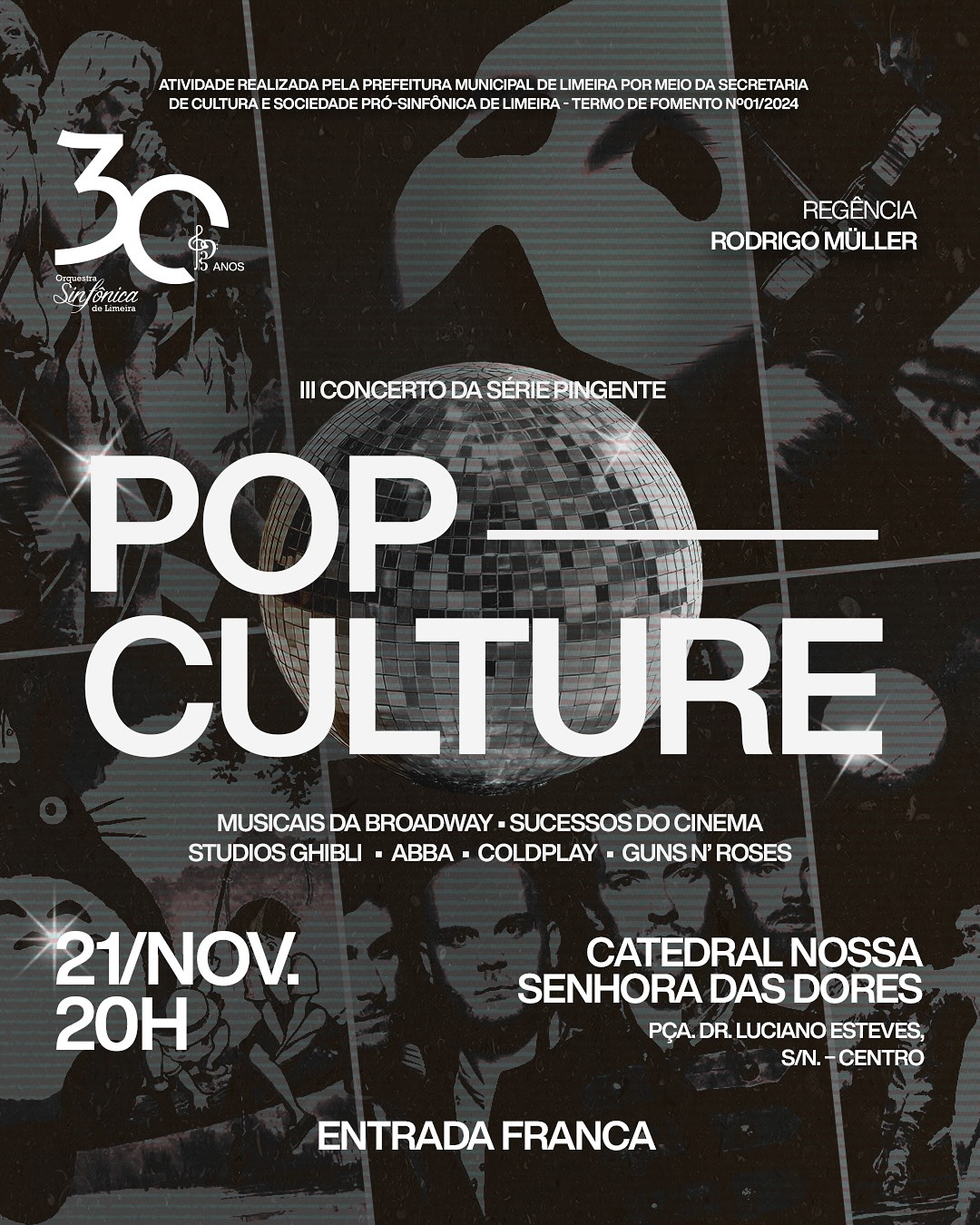 No mês em que comemora seu aniversário, a Orquestra Sinfônica de Limeira (OSLI) realiza a terceira edição do concerto Pop Culture, unindo música de concerto e cultura pop em uma apresentação especial.
O evento acontece no dia 21 de novembro, às 20h, na Catedral, como parte da Série Pingente 2025, ciclo de concertos itinerantes que percorre diversos pontos da cidade com o objetivo de promover o acesso à música orquestral.
Sob a regência e direção artística do maestro Rodrigo Müller, o concerto propõe um encontro entre o erudito e o popular, celebrando a música em suas diversas expressões e destacando sua presença marcante nas trilhas do cinema e da cultura contemporânea.
O programa homenageia compositores que fizeram história no cinema, como Joe Hisaishi (Japão), responsável por trilhas inesquecíveis dos filmes do Studio Ghibli, dirigidos por Hayao Miyazaki, como O Castelo Animado, Princesa Mononoke, A Viagem de Chihiro e Meu Amigo Totoro e Danny Elfman (EUA), reconhecido por suas colaborações com Tim Burton em produções como Batman e O Estranho Mundo de Jack.
A apresentação na Catedral também tem um significado especial para a Orquestra: foi ali que, em 1995, a OSLI realizou um de seus primeiros concertos, reunindo um público de mais de 1.300 pessoas. Três décadas depois, o retorno ao mesmo espaço marca um reencontro simbólico com a cidade e com o público que acompanha sua trajetória.
Esta é a segunda apresentação da Série Pingente na temporada 2025, reafirmando o compromisso da OSLI com a inovação e o diálogo entre a orquestra e a sociedade.
Celebrando 30 anos de história, a Orquestra Sinfônica de Limeira segue levando emoção, beleza e acessibilidade cultural a públicos de todas as idades, em concertos que unem tradição e contemporaneidade. Nesta edição especial, o convite é para que todos celebrem juntos a música, a arte e a história da OSLI no coração de Limeira.
Este espetáculo é uma realização da Sociedade Pró-Sinfônica de Limeira (SPSL) e da Prefeitura Municipal de Limeira, por meio da Secretaria Municipal da Cultura, com parceria firmada através do Termo de Fomento 2024/1.