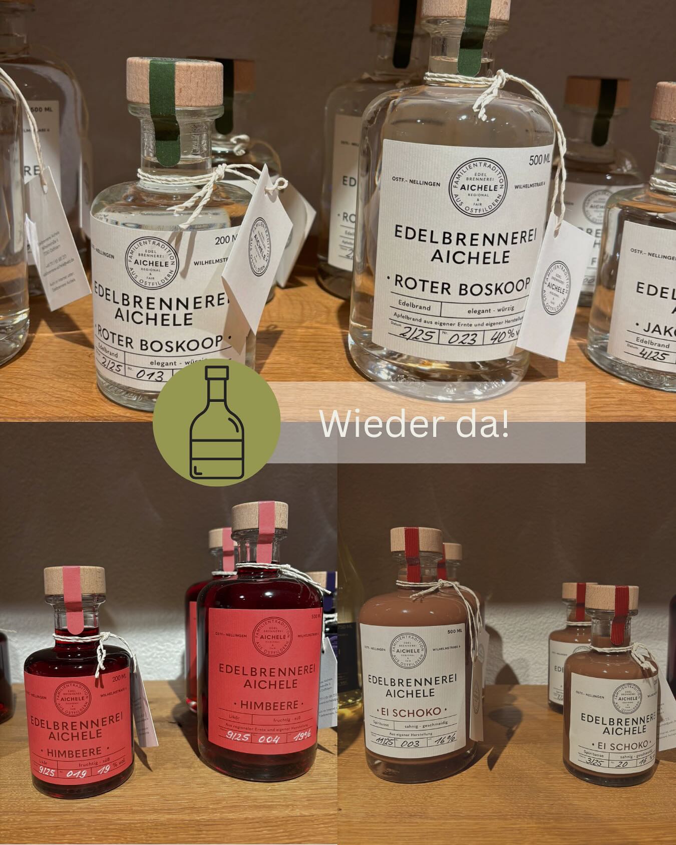 Wieder da!
Diese tollen Produkte sind wieder bei uns im Laden für euch verfügbar. Wir freuen uns auf euren Besuch.
#EdelbrennereiAichele #Nellingen #Ostfildern #schnaps #likör #lecker #regional #brennerei