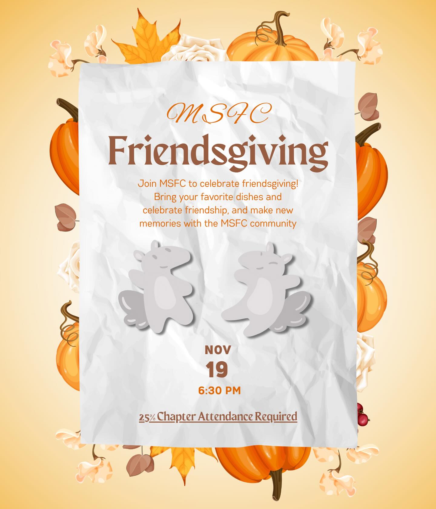 🍽️✨ MSFC Friendsgiving Potluck ✨🍽️
Let’s wrap up the quarter together with good food and great company!
📅 November 19
📍 Division of Continuing Education, Yosemite Room
📊 25% chapter attendance required
Cane’s will be provided by MSFC 👀🍗
RSVP link will be sent out through Basecamp.
Bring a dish to share, your appetite, and your org pride! ✨🎉