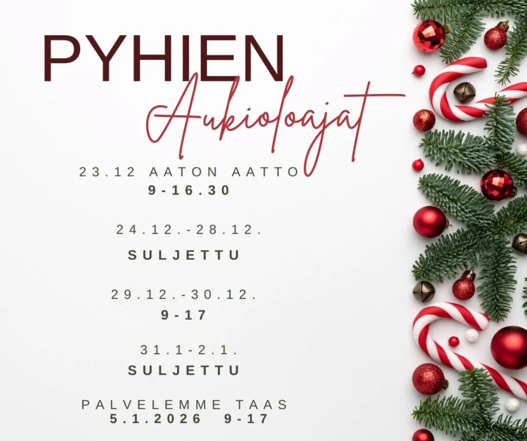 Tästä voit tarkistaa joulun ja uudenvuoden aukioloaikamme😊
Muistathan että lahjakorttikauppamme ja ajanvarauksemme toimii helposti 24/7 myös joulukiireiden keskellä, osoitteessa www.kauneushoitolakleopatra.fi
Ammattitaitoista ihonhoitoa jo 32vuotta!