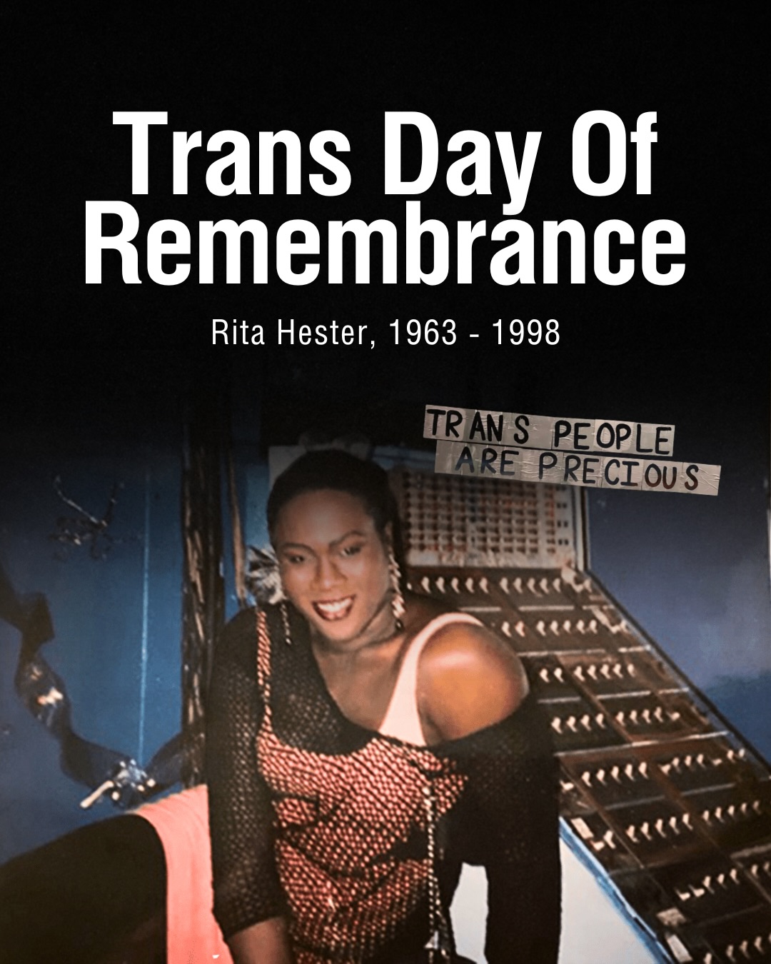 Today, we remember and honor trans lives stolen, especially Black, Brown, Indigenous, migrant, disabled, sex-working, and transfeminine people targeted by racist, transphobic, and heteropatriarchal violence.
Rita Hester and every trans person lost to violence deserved safety, love, and a world that values their lives.
Please support and redistribute your $ to our trans communities-
@blacktransmutualaid
@reflectco_
@divasindialogue
@themckenzieprojectinc
@queertransproject
@queerexpressionstpete
@transfloridaresources
@decrim305
