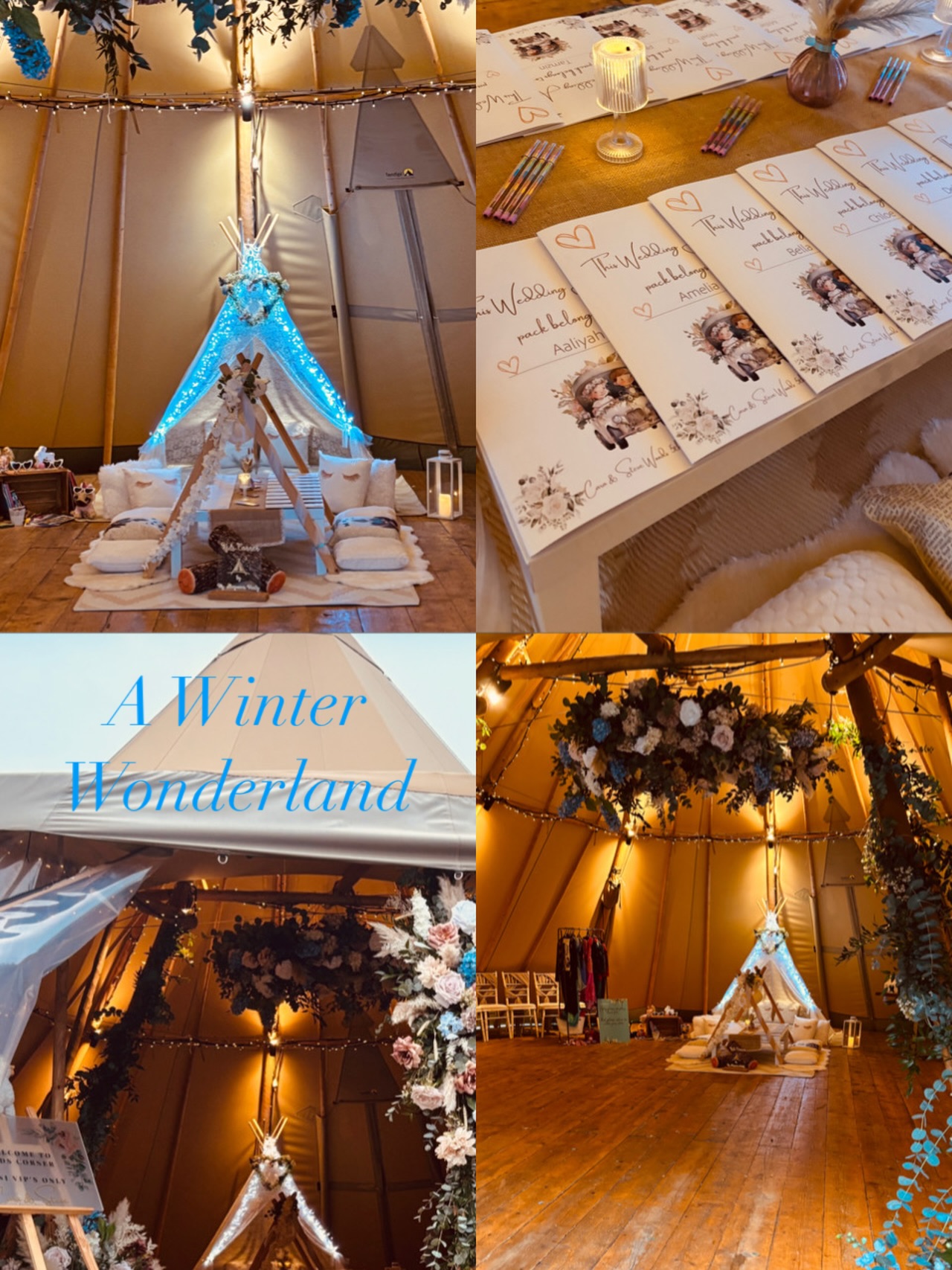 A Winter Wonderland Wedding to Remember! ❄️✨ What’s the secret to a truly joyful family-friendly celebration: keeping the littlest guests happy! Because when the kids are having fun, the celebration feels light and joyful.
🌟 We set up a dedicated Activity Table stocked with coloring books, games, dress up and treats, so kids the could create their own magic. Not forgetting our vintage lace wigwam for the mini VIP’s to rest their weary heads. #WinterWedding #TipiWedding #WeddingInspiration #FamilyFriendlyWedding #KidsAtWeddings #WeddingPlanning #WinterWonderland #magicalmoments
