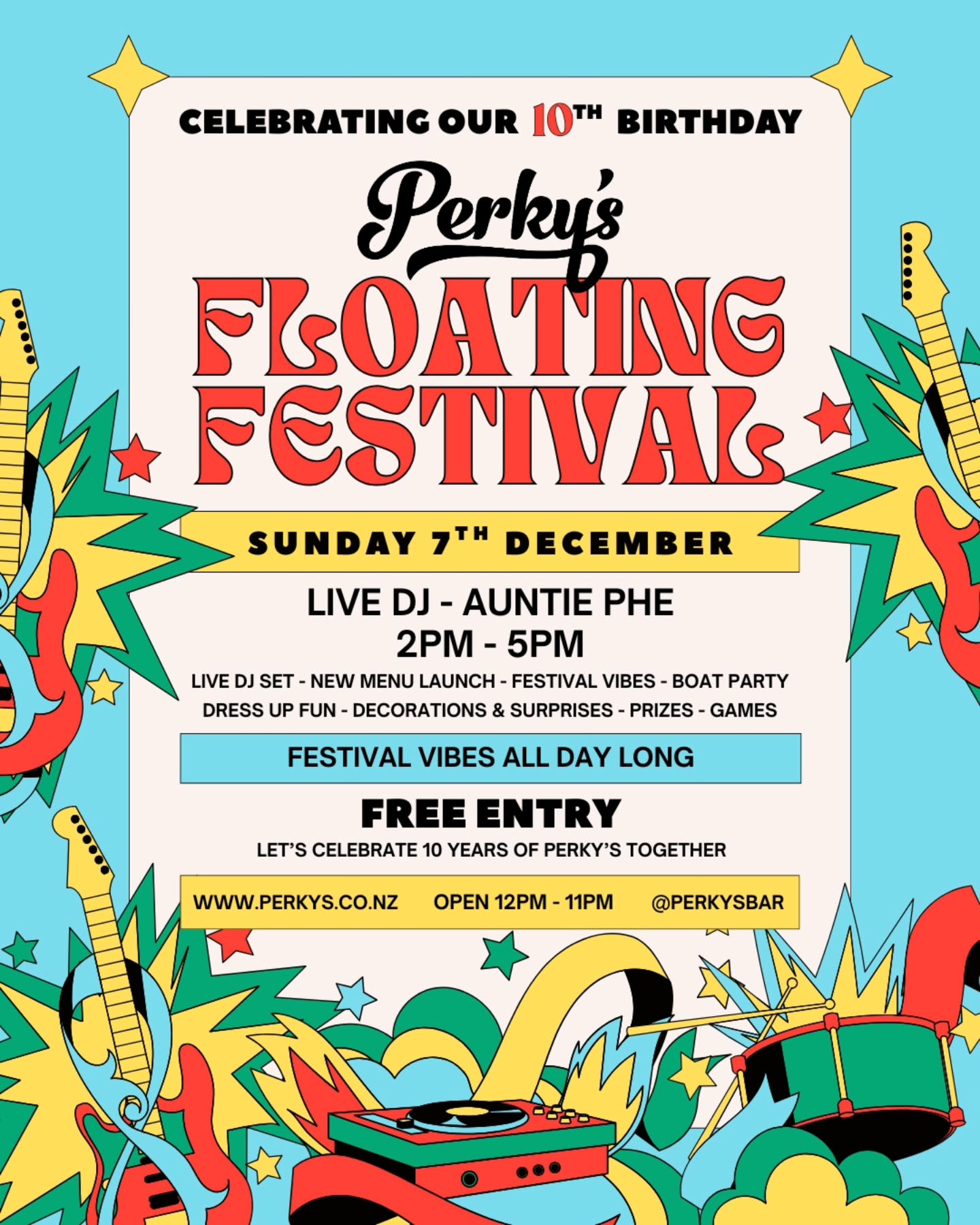 🎉 Perky's Floating Festival – 10 Year Celebration! 🎉
Come float with us as we celebrate a decade of Perky's! Join us Sunday, 7th December, from 12pm to 11pm for an unforgettable day on the water.
🌟 What’s On:
🎧 Live DJ Set with the legendary Auntie Phe from 2–5pm
🍹 Summer Menu Launch featuring Perky’s favourite cocktails through the years
🎁 Raffle Prizes to win
🎈 Decorations & Festival Vibes to keep the party glowing
Whether you're a longtime Perky's regular or a first-timer, this is the ultimate celebration of good times and great drinks.
📍 Location: Perky's Floating Bar
📅 Date: Sunday, 7th December
🕛 Time: 12pm – 11pm
Tag your crew, bring your sunnies, and let’s toast to 10 years! 🥂
@auntiephesadventures