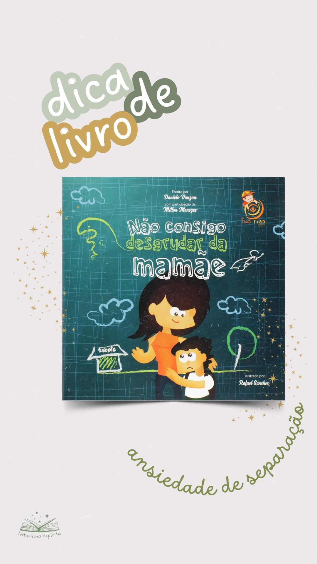 ___Chico é um menino educado e divertido. Mas, em seu coração ele enfrenta um grande medo: ficar longe da mamãe.
🧒👩👦
📖✨ Nessa história, com a ajuda de uma terapeuta, o Chico vai aprender que os laços de amor verdadeiro não aprisionam, e sim, libertam. 🥰
💛 Um livro que ensina às famílias a lidar com a ansiedade de separação.
📚 Não consigo desgrudar da mamãe
✍️ de Daniele Vanzan @danielevanzan
📕 disponível em @boanovaed
🌐 Acesse: boanova.net
___Com o cupom LEITURINHA10 você garante um desconto exclusivo em compras acima de R$ 50,00 diretamente no site da Boa Nova. 😊
___Para mais dicas de livros que ensinam e emocionam para sua família espírita, acesse nosso site: leiturinhaespirita.com.br
#LeiturinhaEspirita #LivrosInfantis #EducaçãoComAmor #Responsabilidade #LeituraInfantil #EvangelhoNoLar #evangelizacaoinfantil