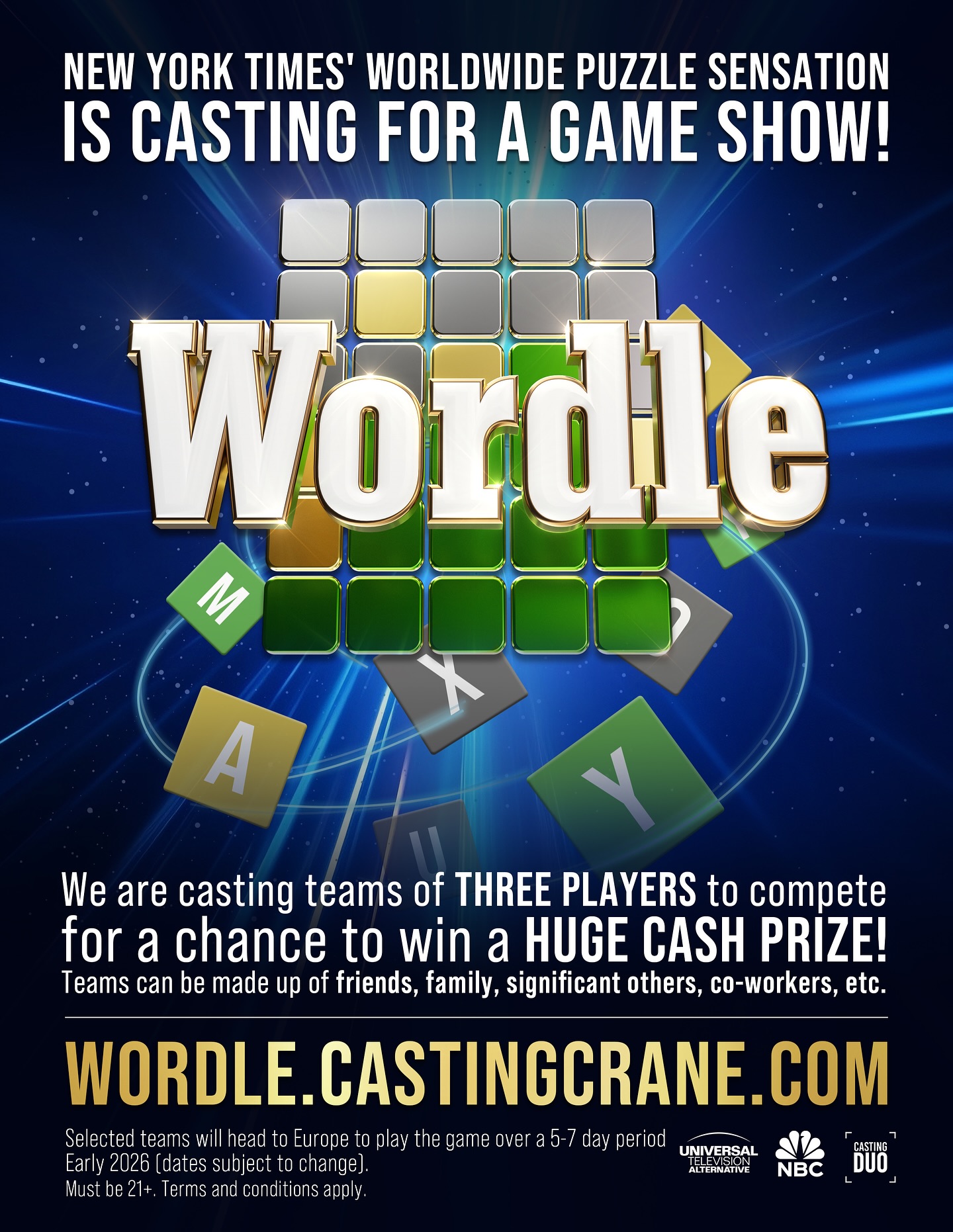 Think you’ve mastered Wordle?
Now’s your chance to prove it on the BIGGEST stage!
The New York Times is casting three-player dream teams to compete for a HUGE CASH PRIZE.
Let’s GO!
Apply at: Wordle.CastingCrane.com ✨
#wordle #wordlegame #nytgames #gameshow #castingcall #puzzlegames #wordgames #gameshowcasting