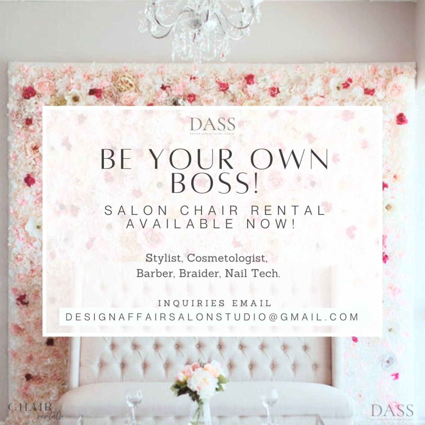 Did the thought of: "Should I go independent run across your mind?"
Yes, we heard it too! Join our thriving salon team and take your career to new heights! We are currently seeking independent stylists to join our dynamic and supportive environment. Our beautiful and professional space is designed to elevate your skills to new heights. Plus, our supportive community of like-minded professionals ensures you’ll never feel alone on your journey. 🤝 With a range of amenities designed to enhance your creativity and provide a seamless work experience, we offer:
- Spacious 1,317 square foot salon
- 24 Hr Access
- Free Wi-Fi
- Secured Locker
- Portable Hair Dryer
- Dispensary
- Opportunities for continuing education and professional development
- Marketing and advertising support
- Access to a shared break room
- Flexible scheduling options
- Convenient Parking Space
If you’re a passionate and dedicated stylist ready to take your career to the next level, we would love to hear from you! Join our team and experience the support, growth opportunities, and positive energy that our salon has to offer.
Available for immediate occupancy and welcoming professionals from all beauty fields! DM us now or email at designaffairsalonstudio@gmail.com to schedule a personal visit and see the space firsthand!
.
.
.
#SalonRentals #ChairRentals #IndependentStylists #BeautyProfessionals #RentASalonChair #BeautySpaceForRent #BeYourOwnBoss #SalonOpportunity #StylistLife #SalonSuite #BeautyRentals #BeautyIndustry #SalonLife #StylistCommunity #HairStylistRentals #DreamSalonSpace #FlexibleRentals #hairstylist #photography #makeupartist #nailtech #nailart #haircolor #mnhairstylist #mnmakeupartist #mncolorist